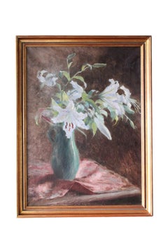 Flowers Still Life Large Canvas French Antique Original Oil Painting of Lilies