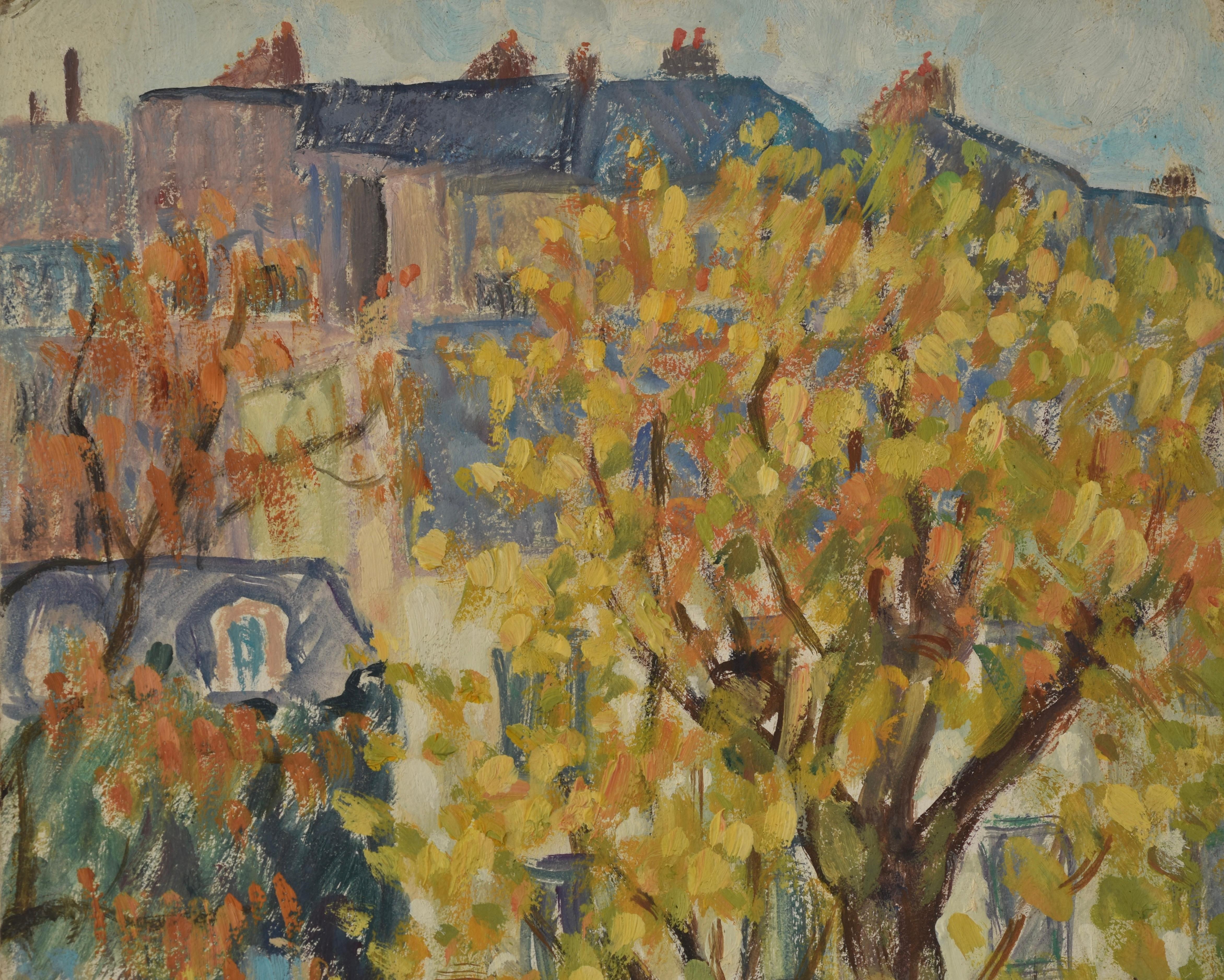 Toits de Paris, Marie Lucie NESSI, Femme Post Impressionniste, Peinture à l'huile, 1950 - Marron Figurative Painting par marie lucie NESSI