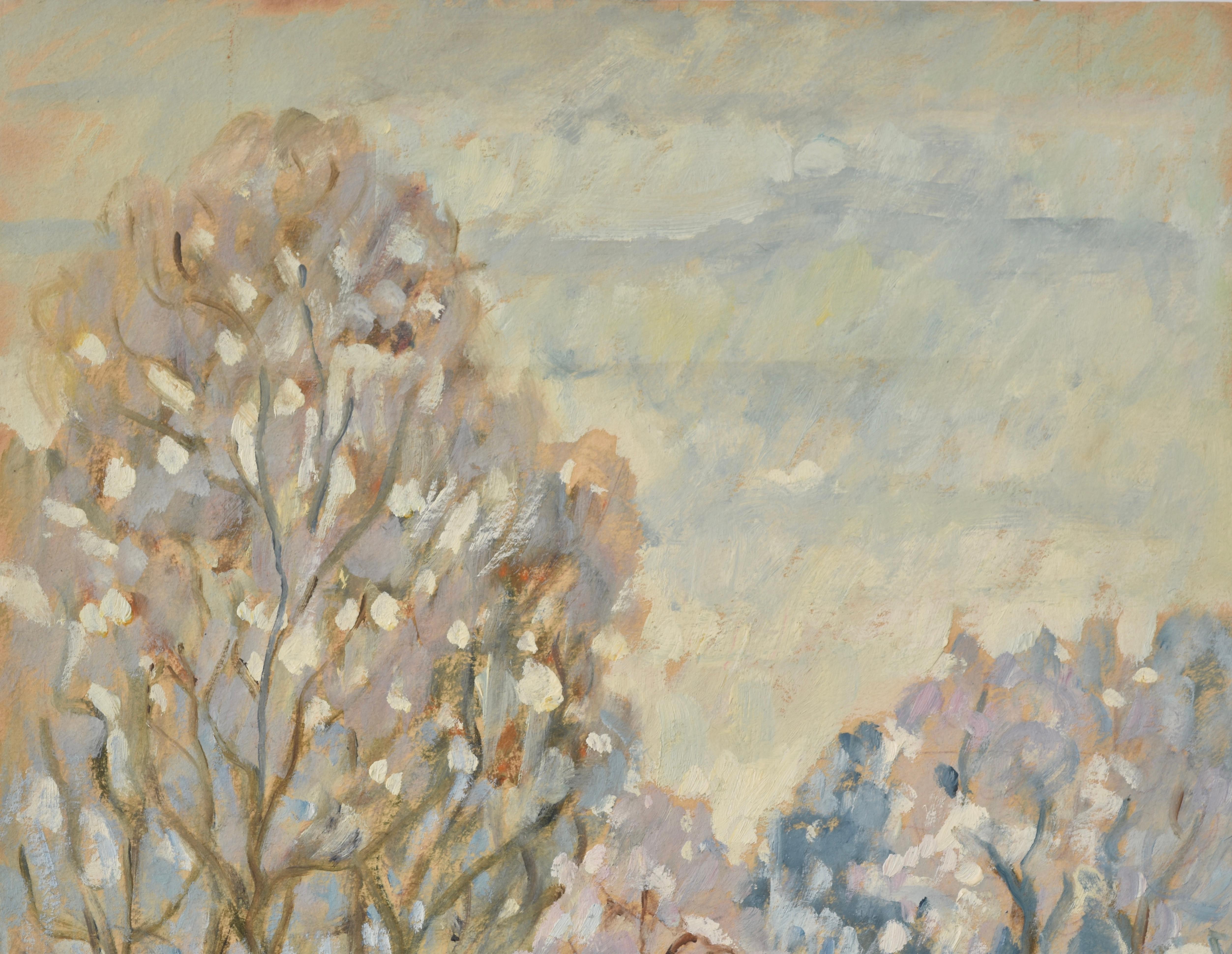 Paesaggio di neve, Marie Lucie NESSI, Donna Post Impressionista, Pittura ad olio, 1950 - Figurative Painting Beige di marie lucie NESSI