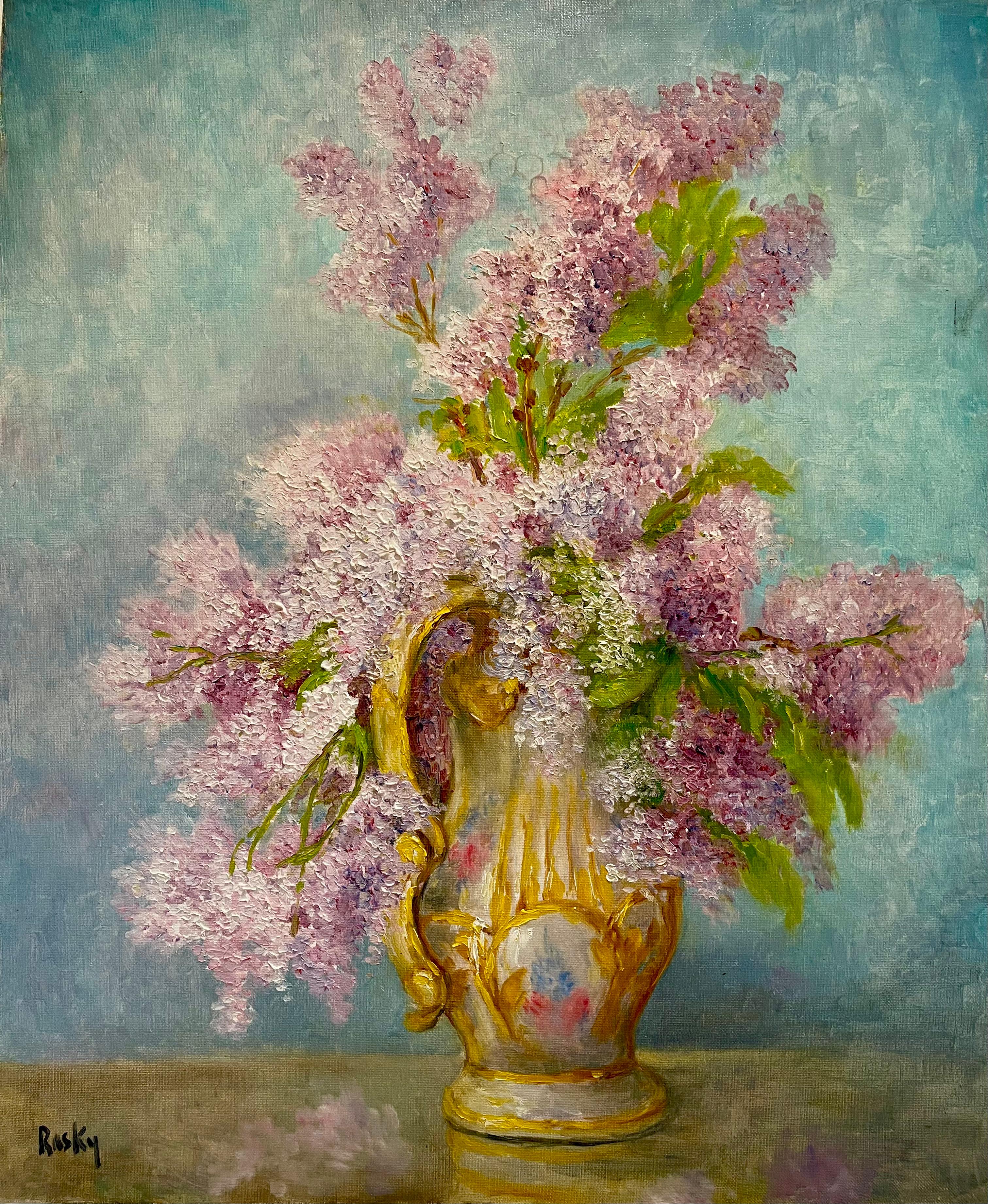 Oil on canvas, unframed, depicting a bouquet of lilacs presented in a beautiful porcelain vase with handles topped with gilding. This canvas is in very good condition and at the bottom left 