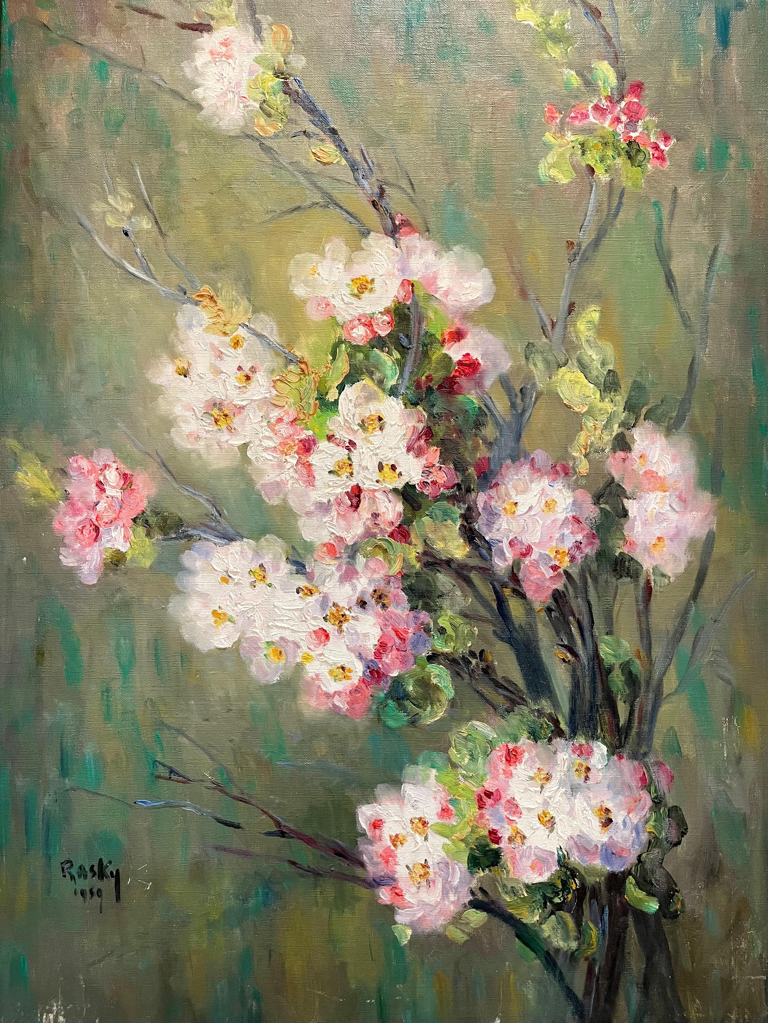 Oil on canvas depicting a cherry blossom branch signed, countersigned 