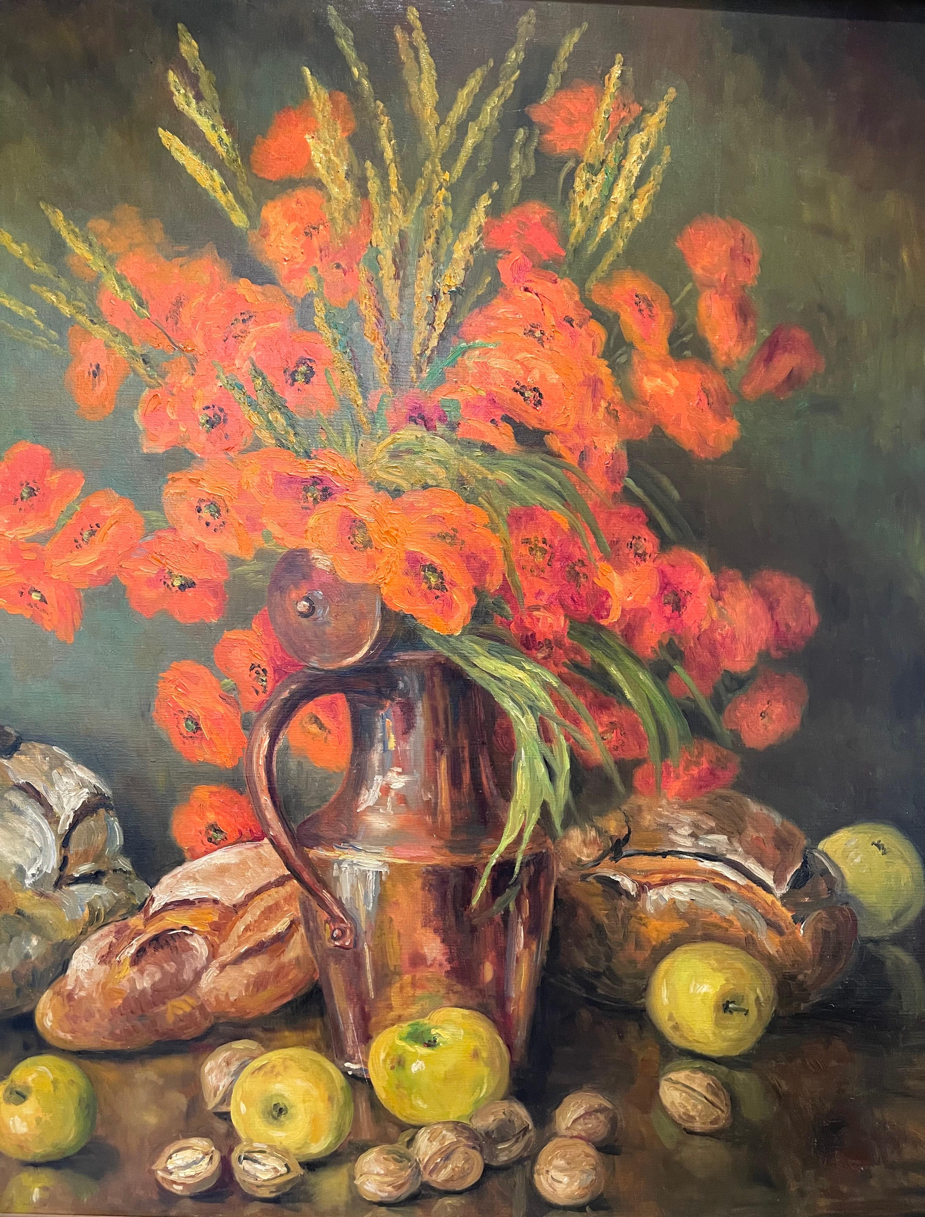 French Marie-madeleine De Rasky - Copper, Poppies, Wheat, Bread And Fruit For Sale