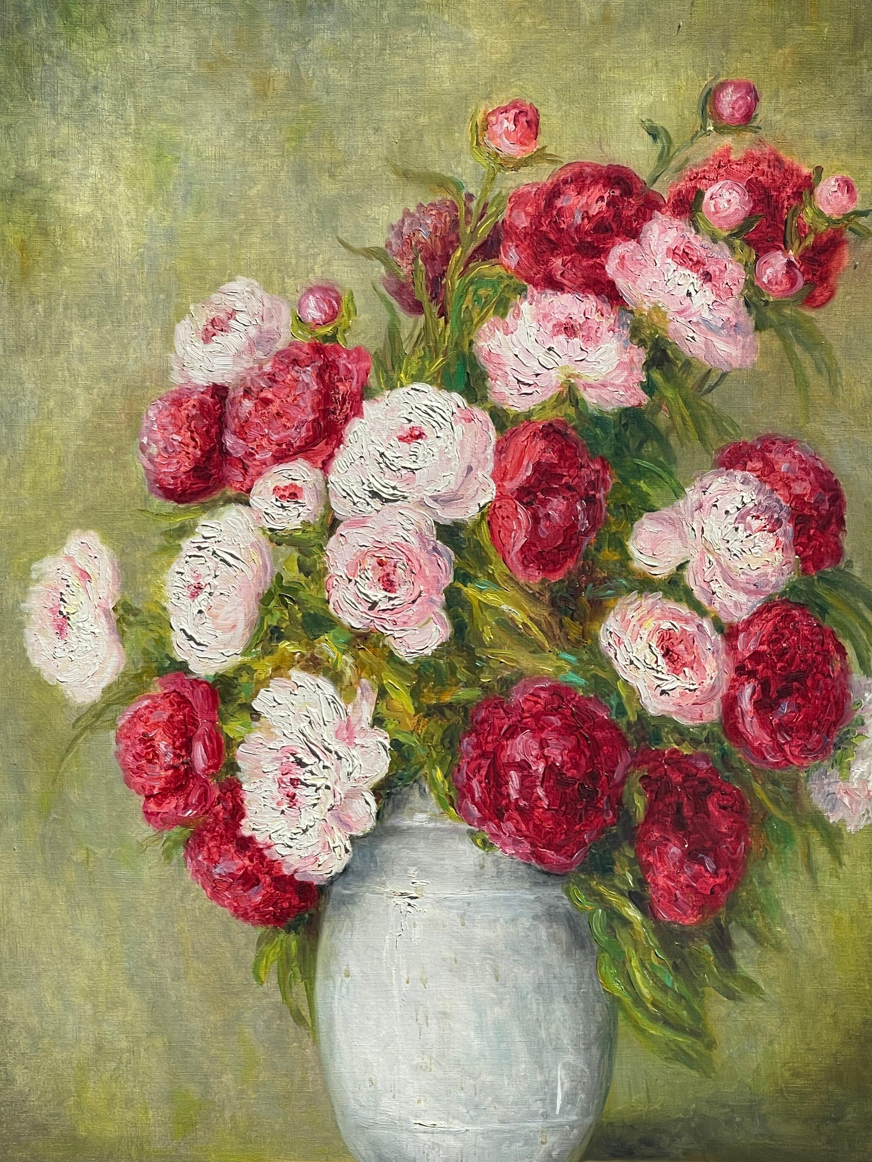 Français Marie-Madeleine de Rasky - Pivoines dans un vase chinois blanc en vente