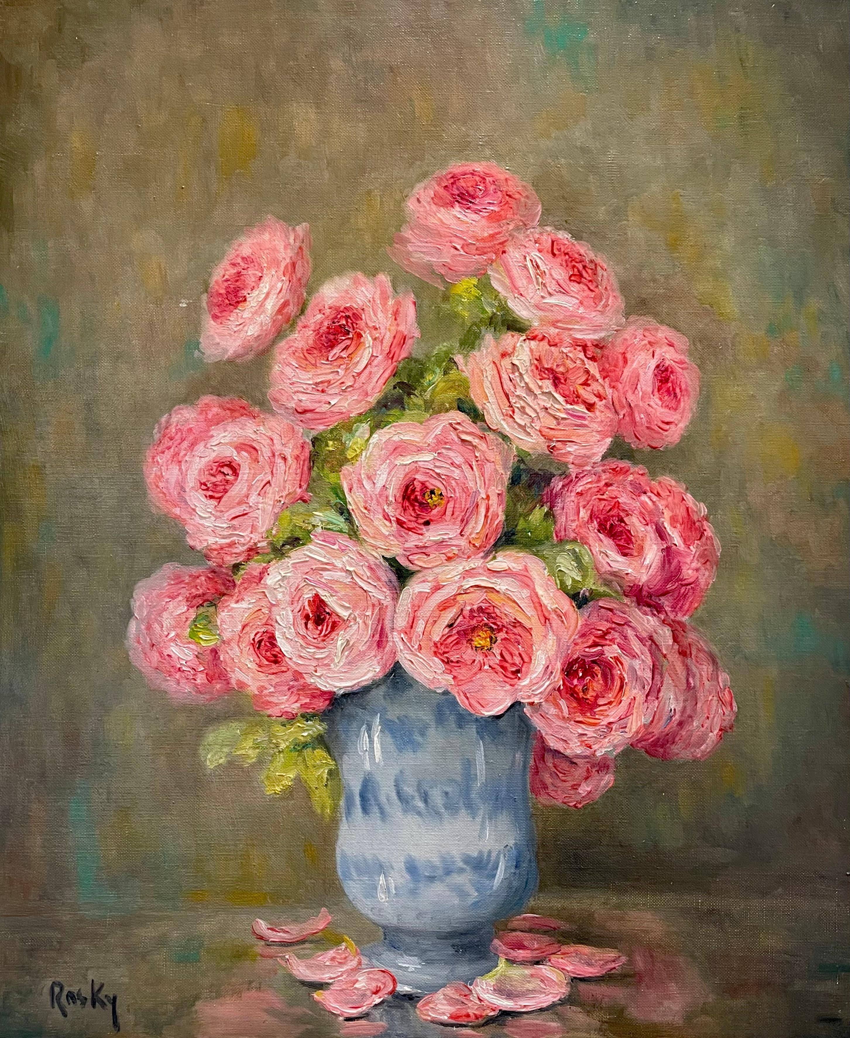Oil on canvas painting depicting a superb bouquet of pink roses. Signed and countersigned 