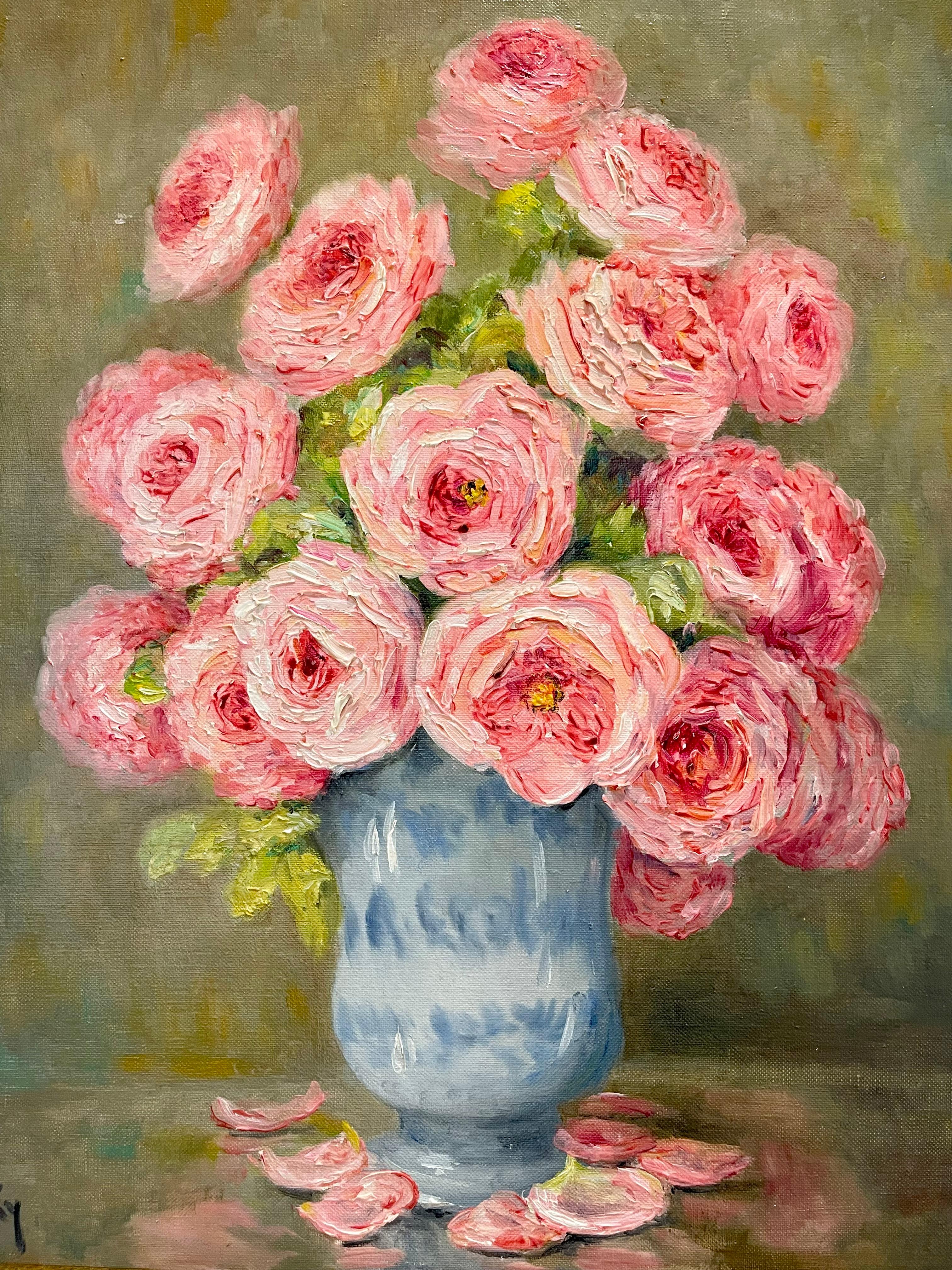 Marie-madeleine De Rasky - Pink Roses In A Spanish Vase And 8 Petals (Französisch) im Angebot
