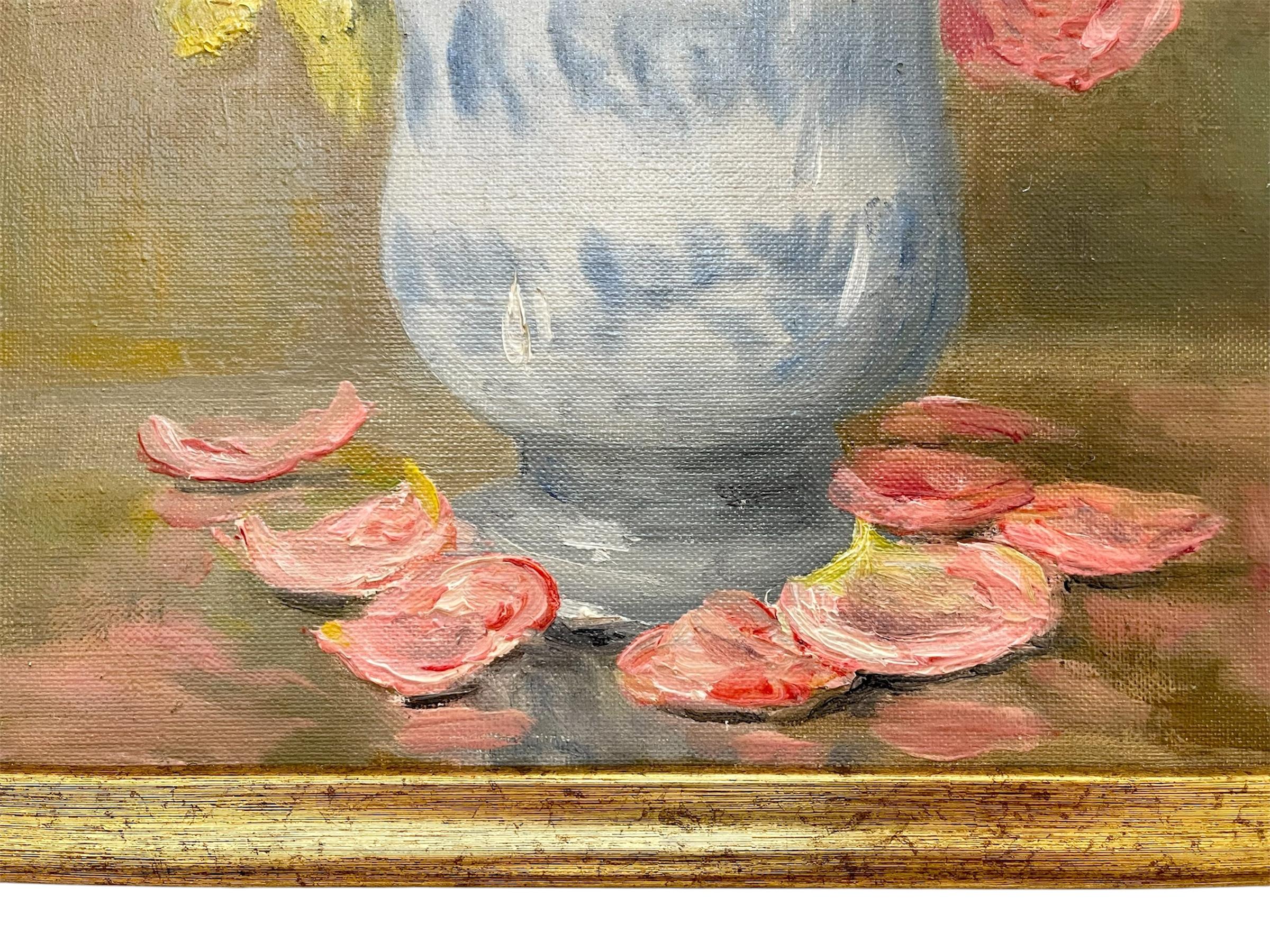Marie-madeleine De Rasky - Pink Roses In A Spanish Vase And 8 Petals (Leinwand) im Angebot