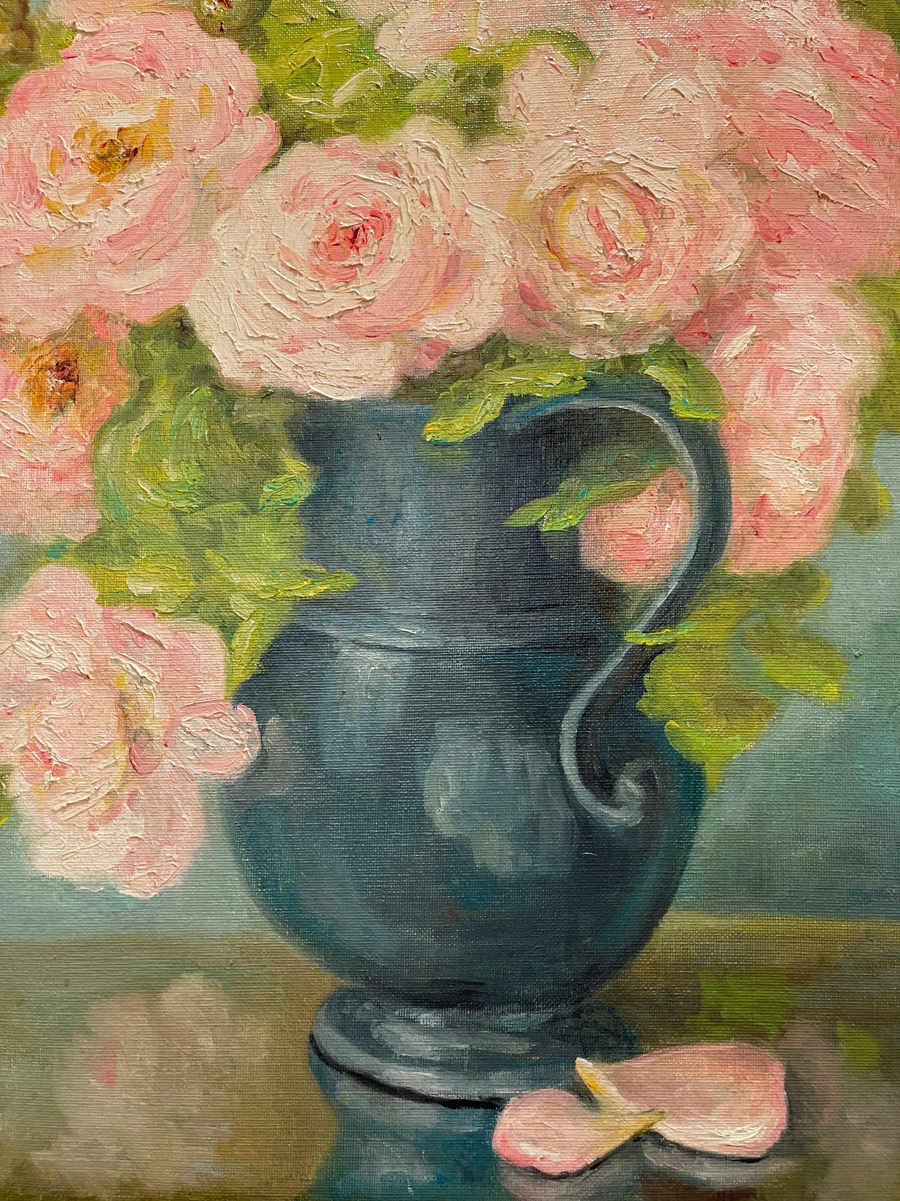 French Marie-madeleine De Rasky - Roses From Laurette's Garden In A Tin Pot For Sale