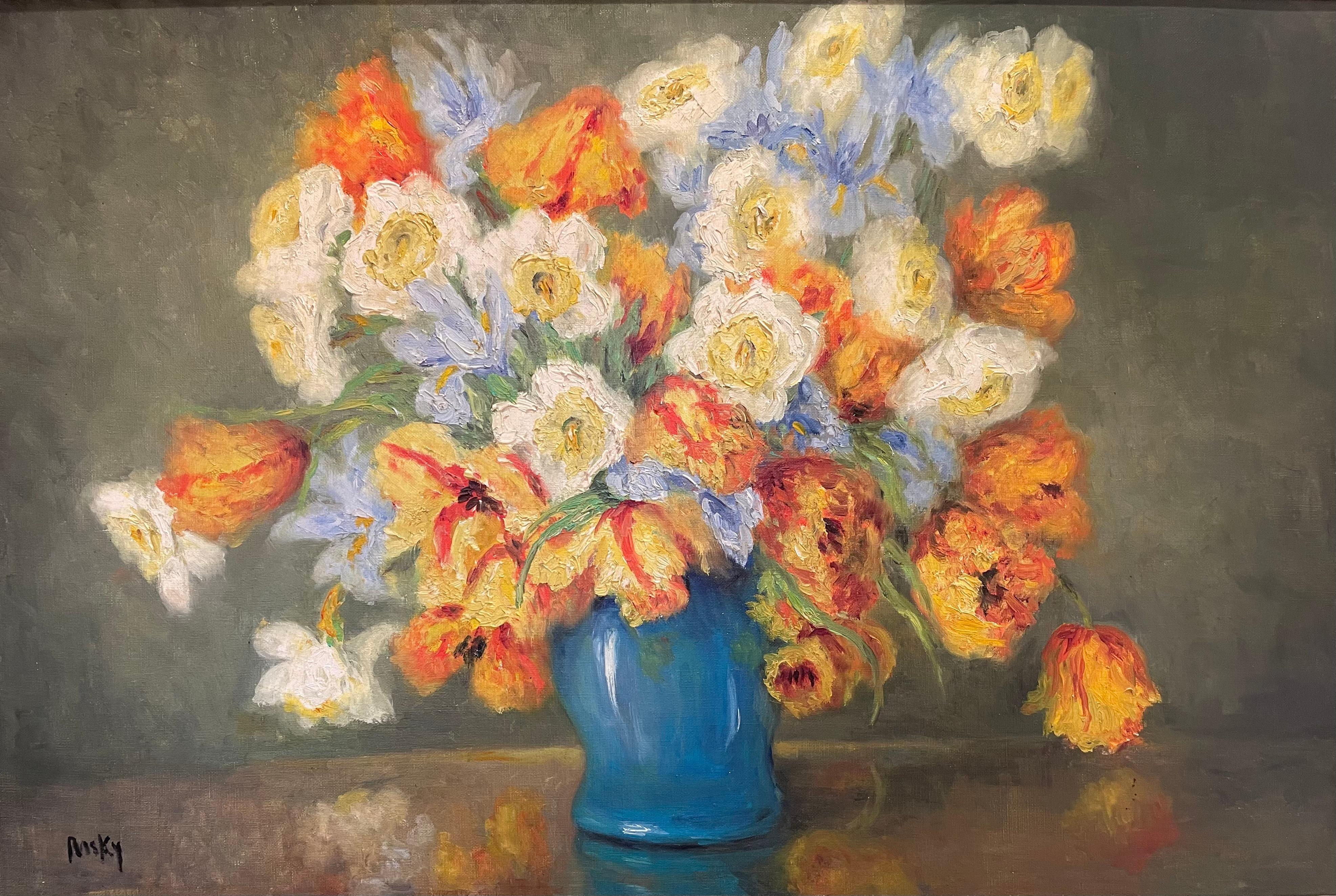 Superb colors for this bouquet of tulips in a blue vase signed lower left 