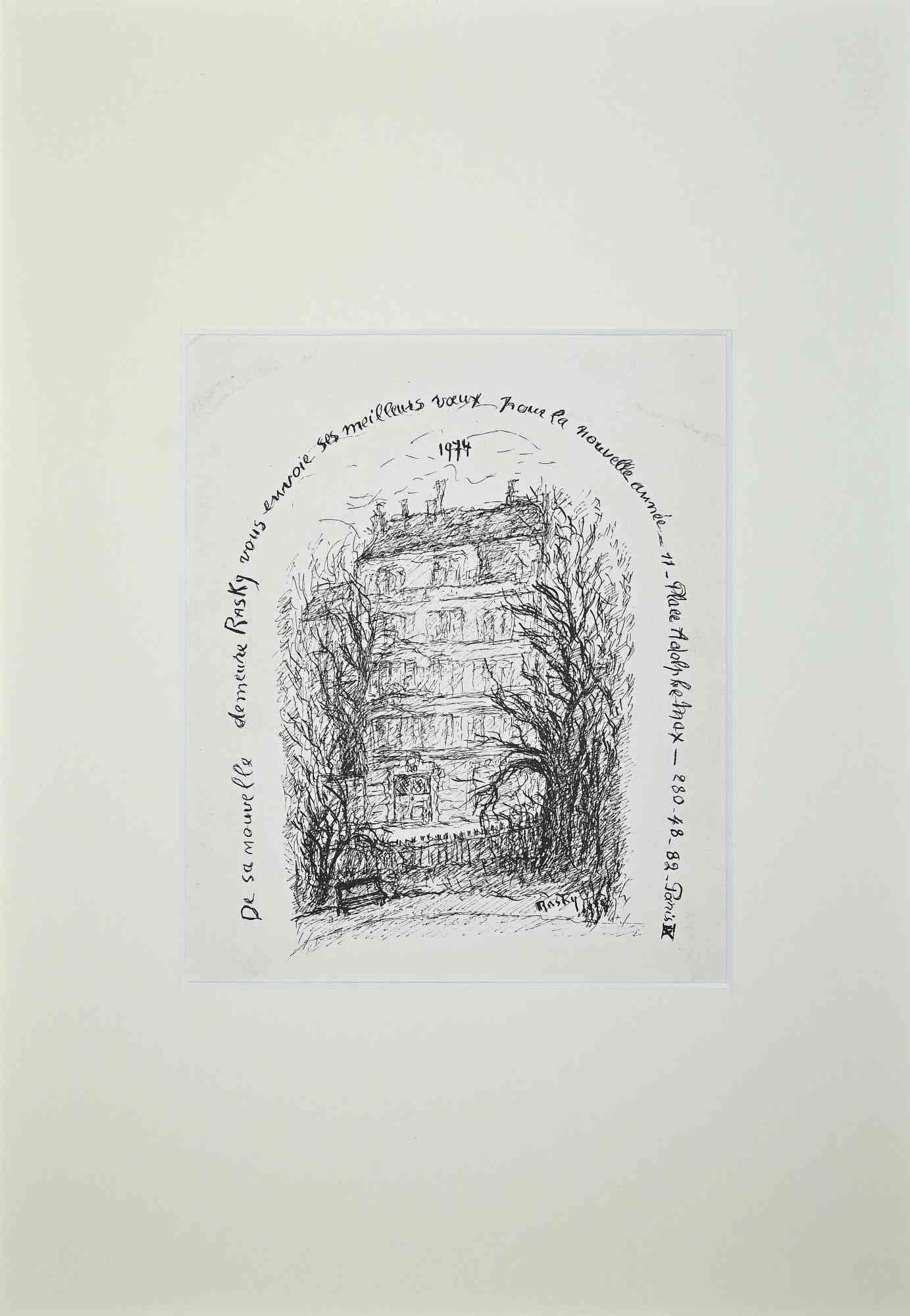 Rasky's House in Paris is an original litograph realized by Marie Magdaleine De Rasky (1897-1982) in 1974.

On the back of the artwork autographed dedication of the artist.

Good condition, included a white cardboard passpartout (49x34 cm).
