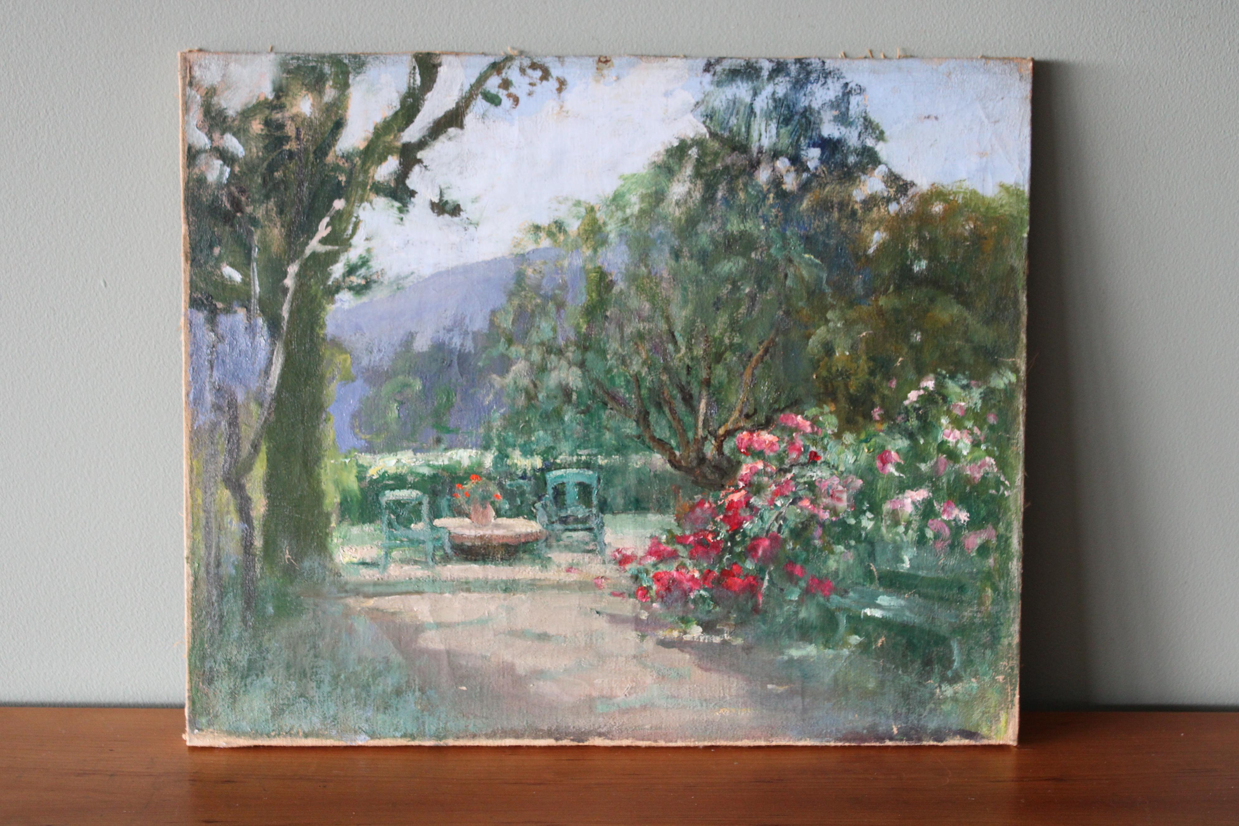 Pittura ad olio di paesaggio, paesaggio di giardino, paesaggio di montagna, arte francese - Painting di Marie Marguerite Reol