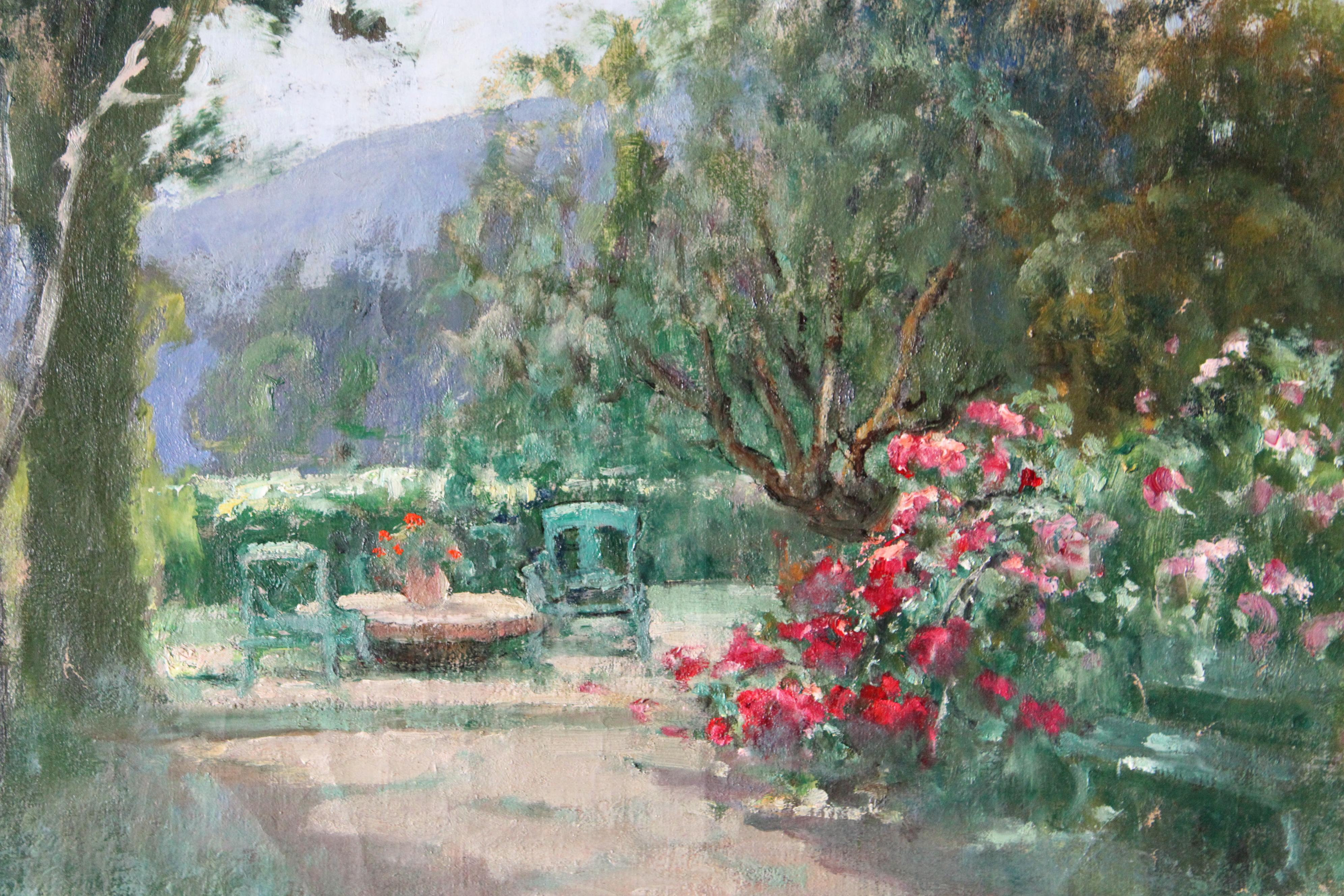 Vintage landscape oil painting on canvas by French artist Marie Marguerite Reol (1880-1963) Garden landscape in the fore with a backdrop of mountains, most likely to be the Pyrenees. 
The canvas is textured to the touch with some elements, such as