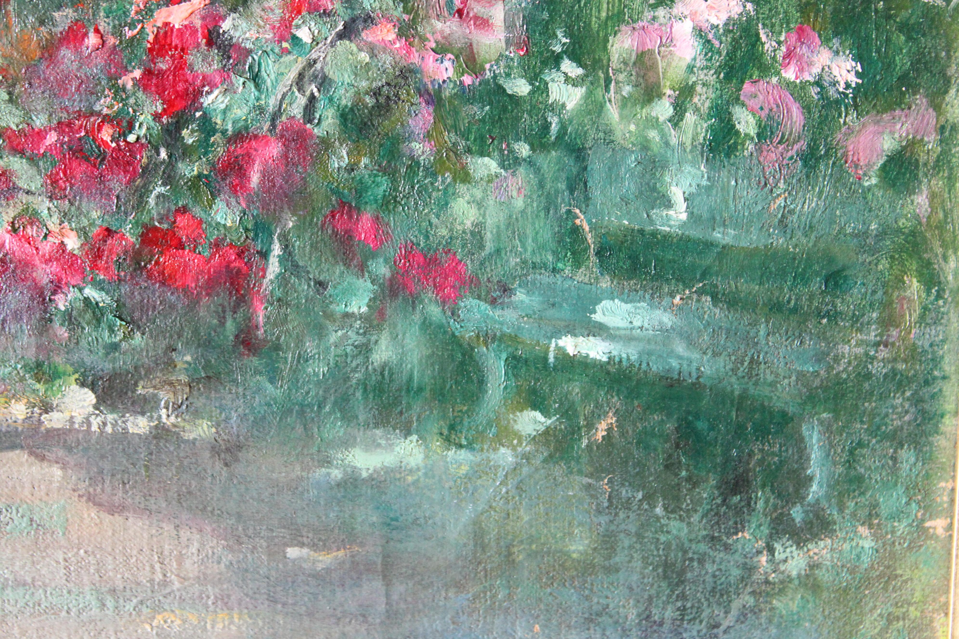 Vintage Landschaft Ölgemälde auf Leinwand von Französisch Künstler Marie Marguerite Reol (1880-1963) Gartenlandschaft im Vordergrund mit einem Hintergrund von Bergen, wahrscheinlich die Pyrenäen zu sein. 
Die Leinwand fühlt sich strukturiert an,