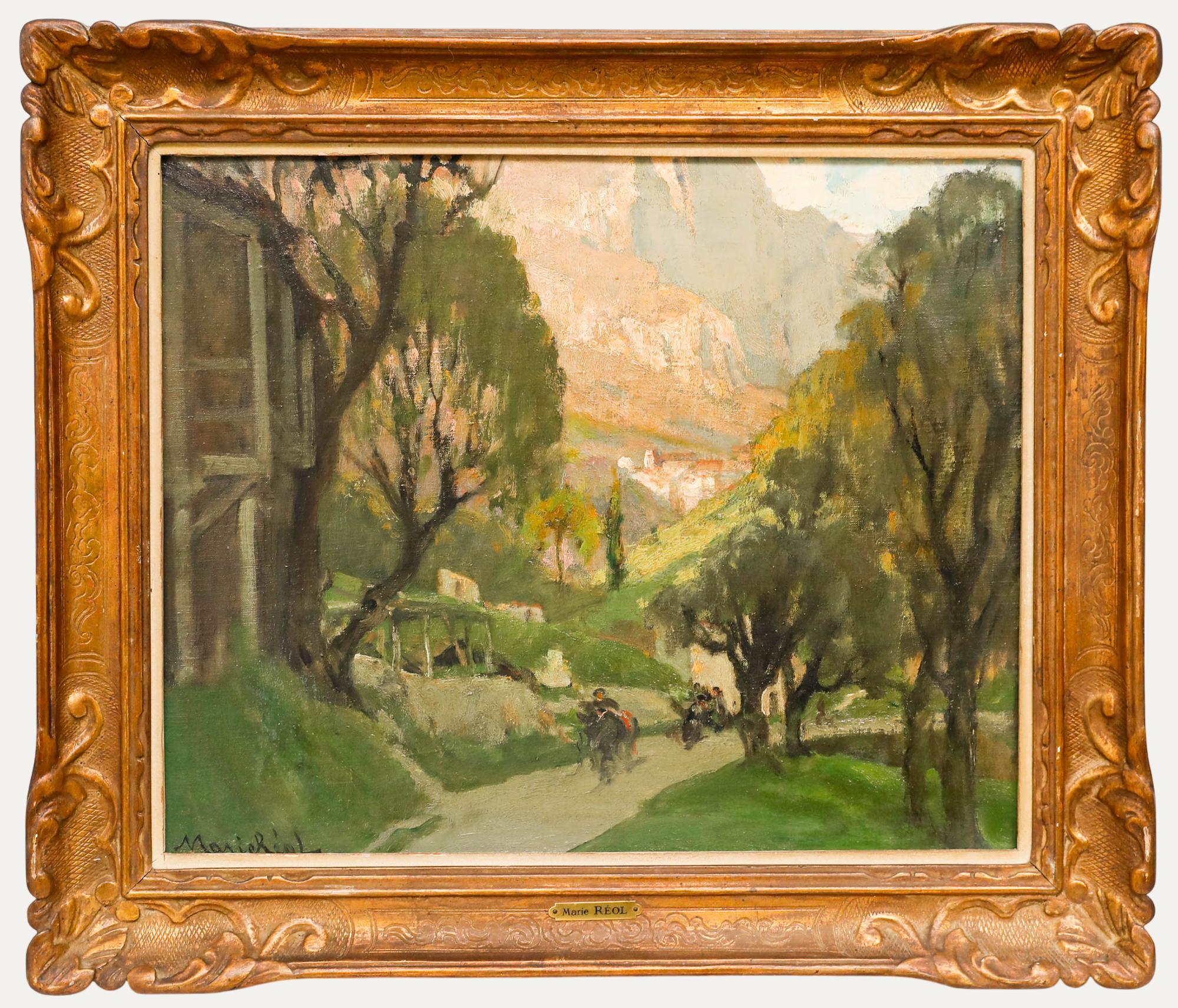 Marie Marguerite Reol (1880-1963) École française, huile sur toile. Une magnifique scène impressionniste représentant une route rurale sinueuse serpentant à travers une vallée verdoyante et luxuriante, encadrée par un feuillage dense et un