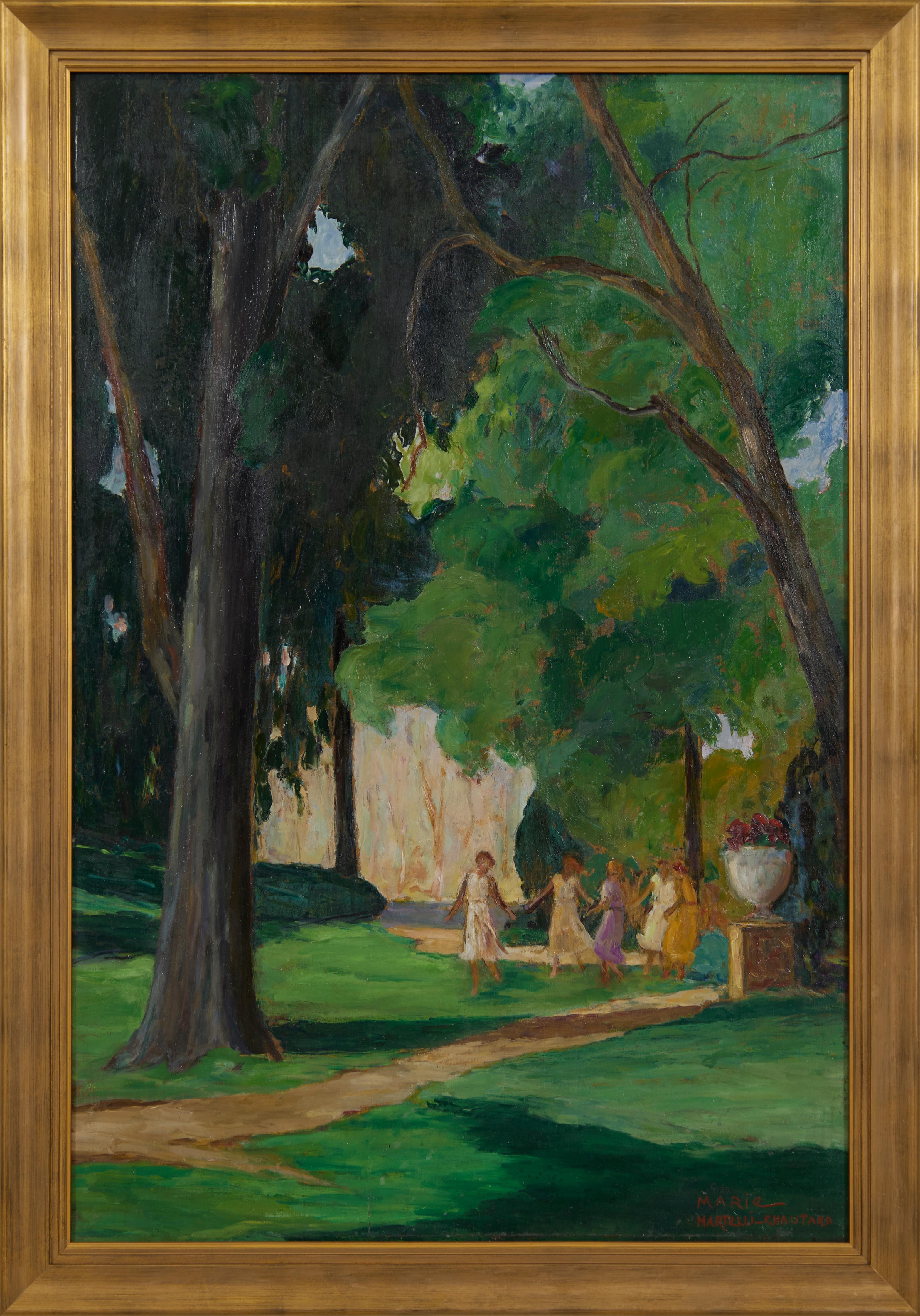 Damas bailando en el parque, exuberante paisaje verde, principios del siglo XX - Painting de Marie Martelli-Chautard