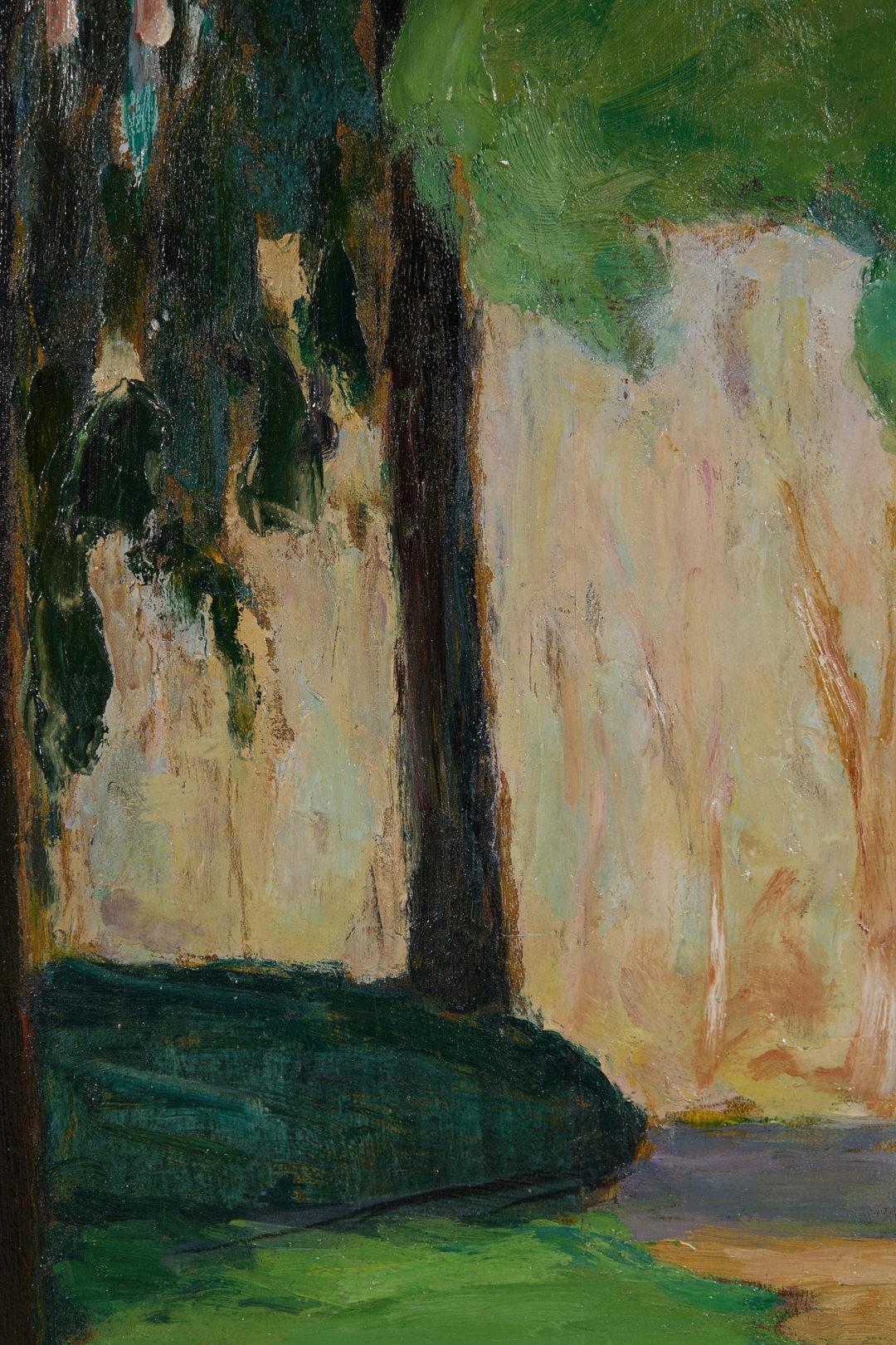 Damas bailando en el parque, exuberante paisaje verde, principios del siglo XX - Figurative Painting Negro de Marie Martelli-Chautard
