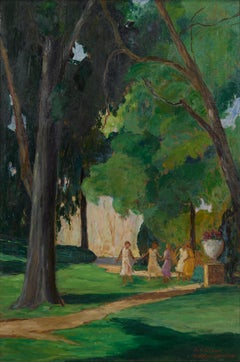 Damas bailando en el parque, exuberante paisaje verde, principios del siglo XX
