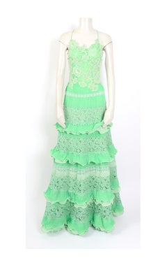 Marie Martine 1970s vintage lime green lace ruffled maxi party dress