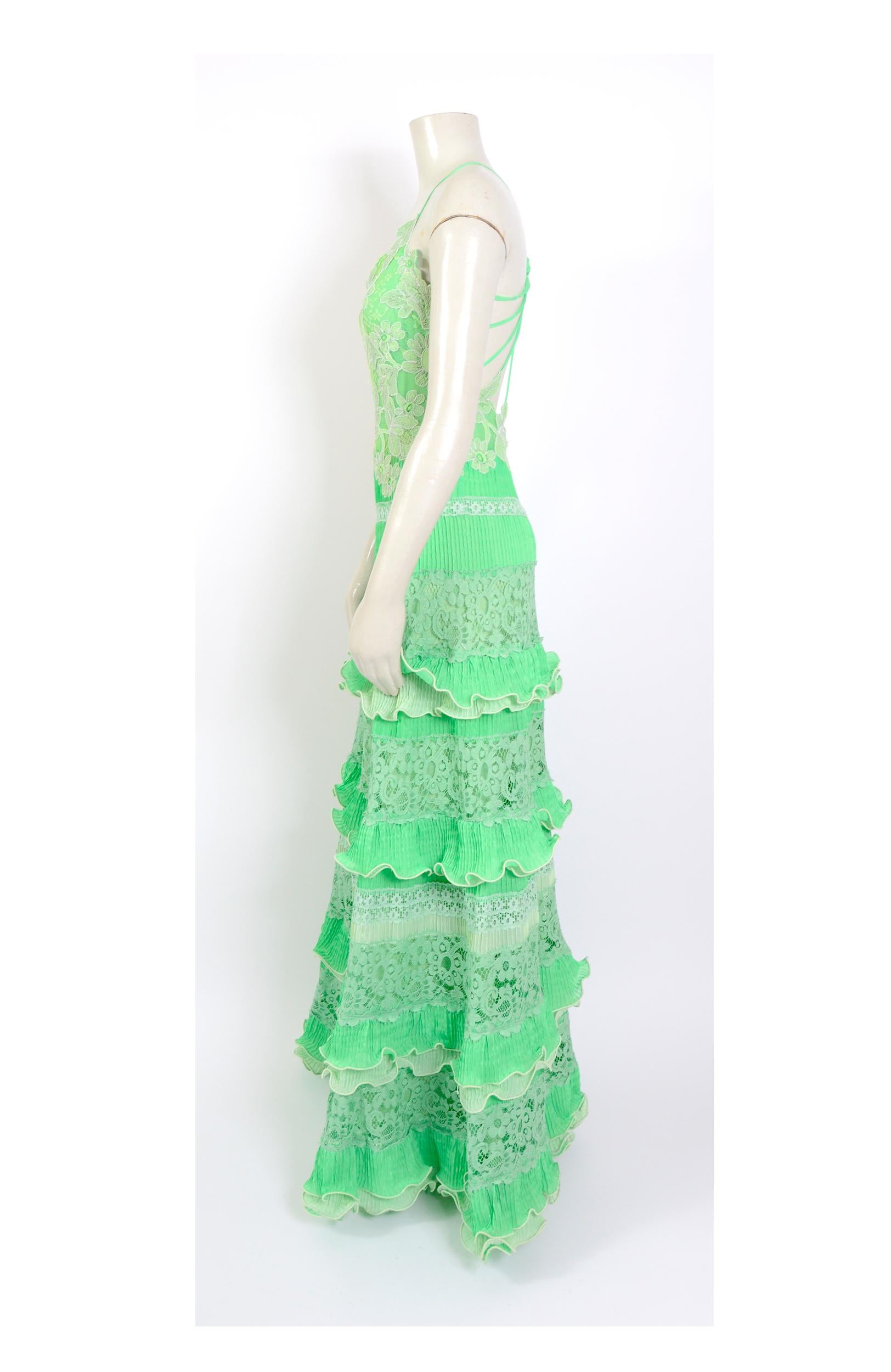 Green Marie Martine 1970s vintage lime green lace ruffled maxi party dress