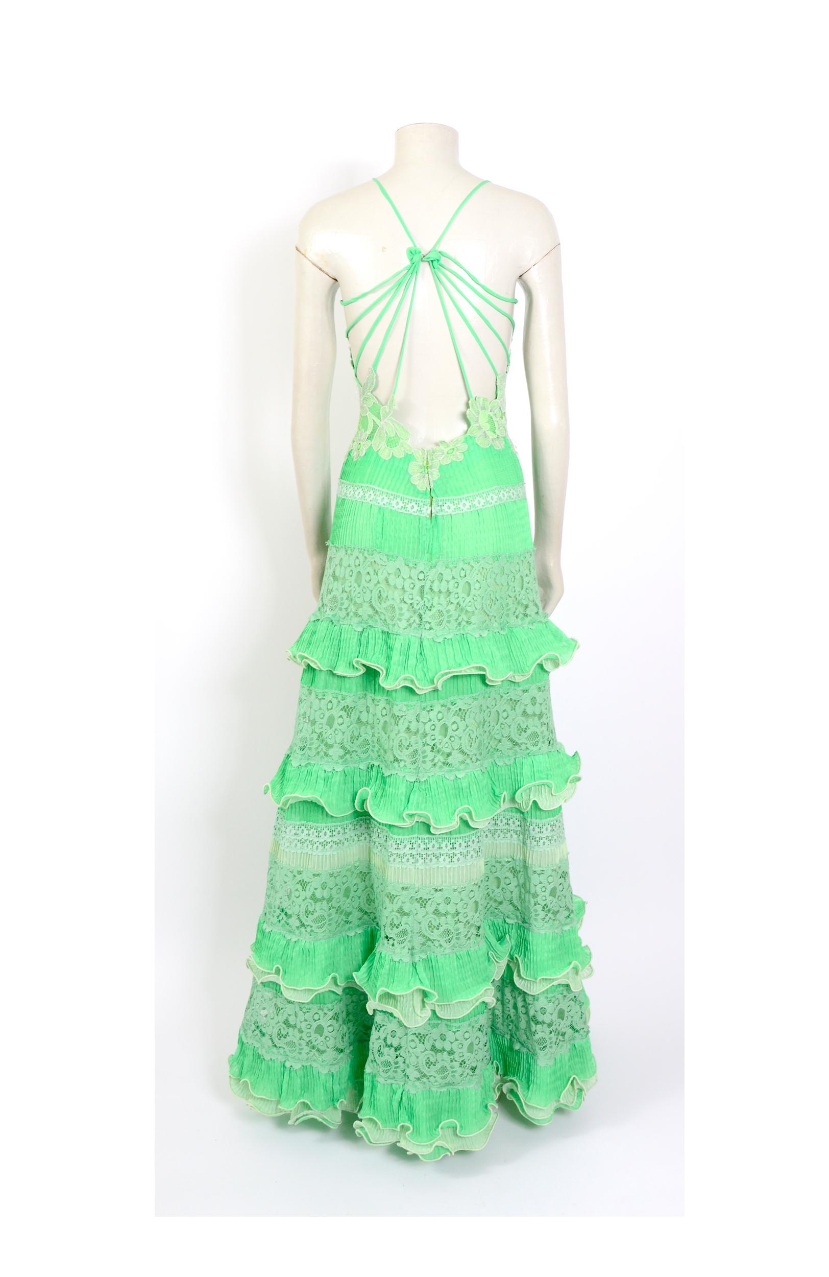 Marie Martine 1970s vintage lime green lace ruffled maxi party dress In Good Condition In Antwerp, BE