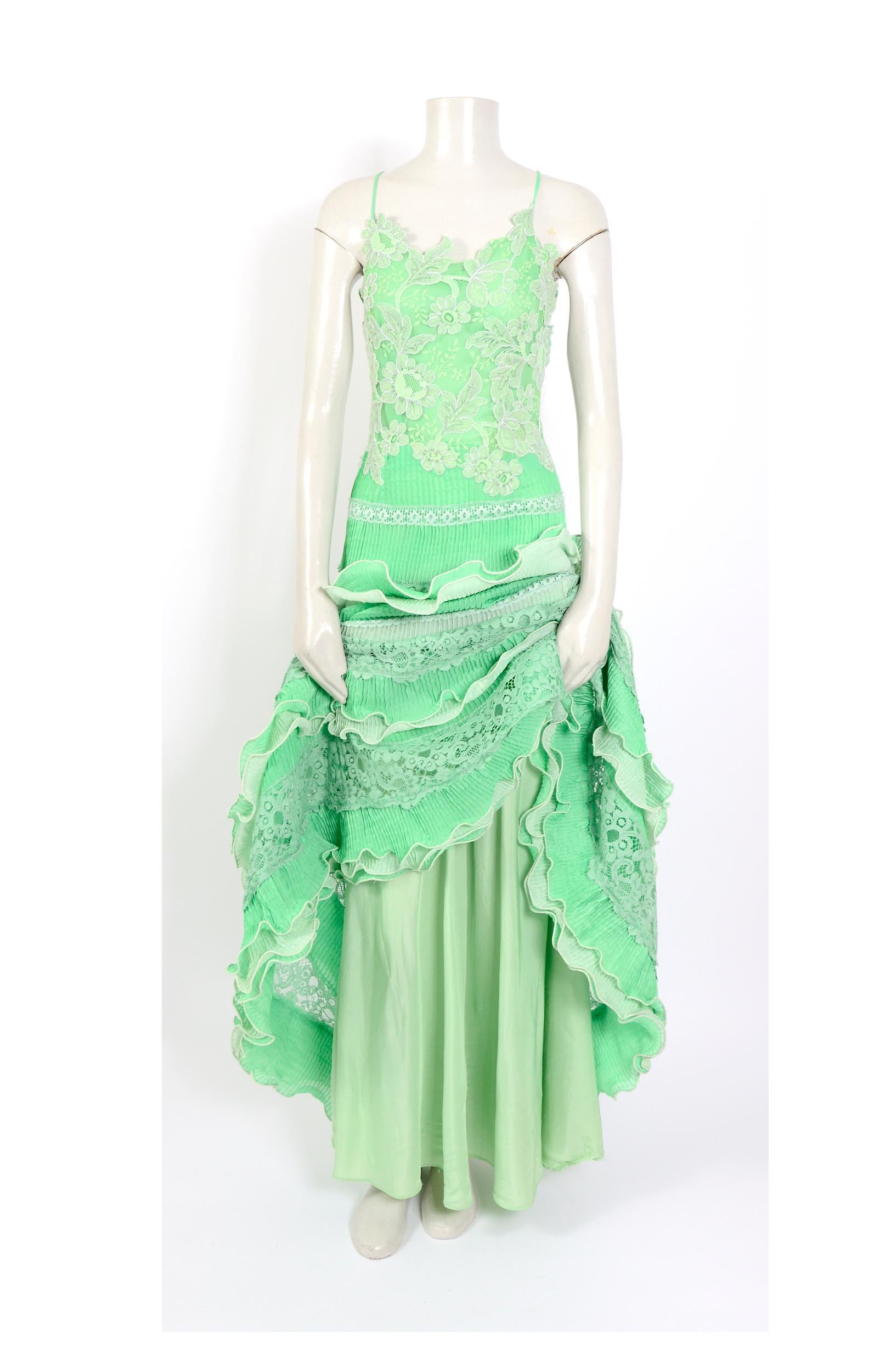 Women's Marie Martine 1970s vintage lime green lace ruffled maxi party dress