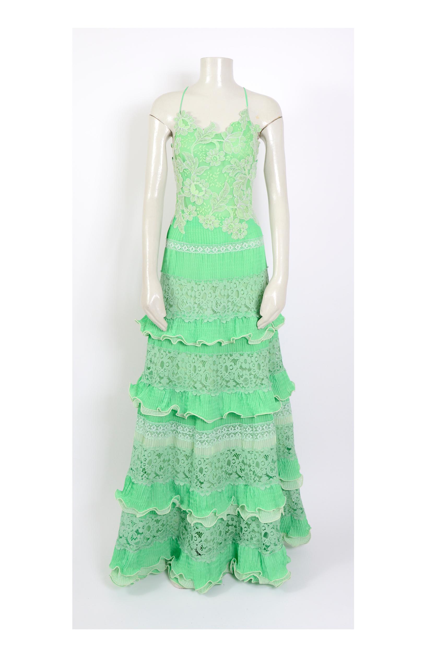 Marie Martine 1970s vintage lime green lace ruffled maxi party dress 1