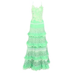 Marie Martine - Robe de soirée à volants en dentelle vert lime vintage des années 1970