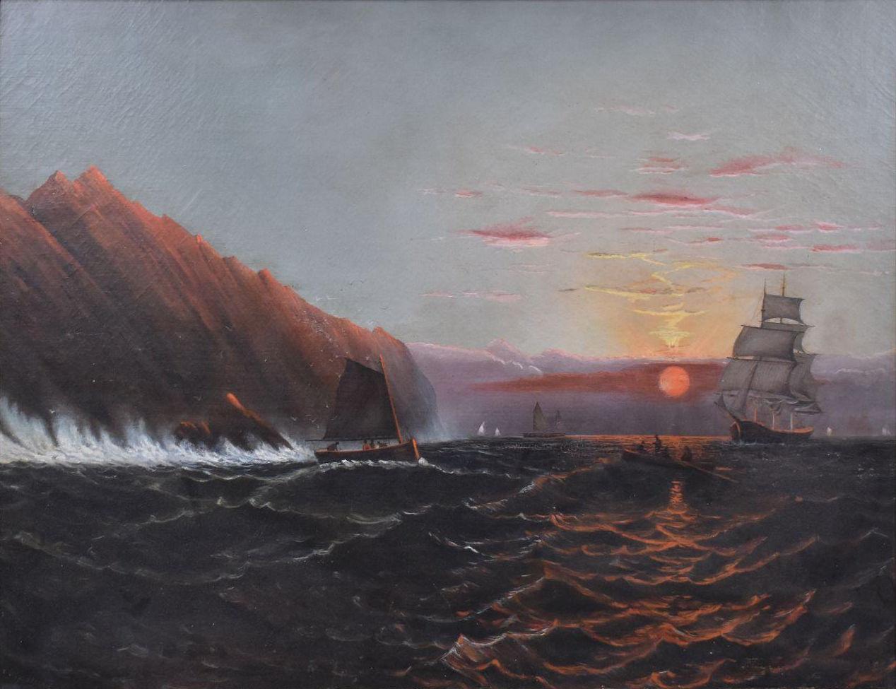 Marie Medora E. Ross Landscape Painting - "Grand Manan Island Cliffs, Maine, " Marie Medora Ross, Ships at Sunset Seascape