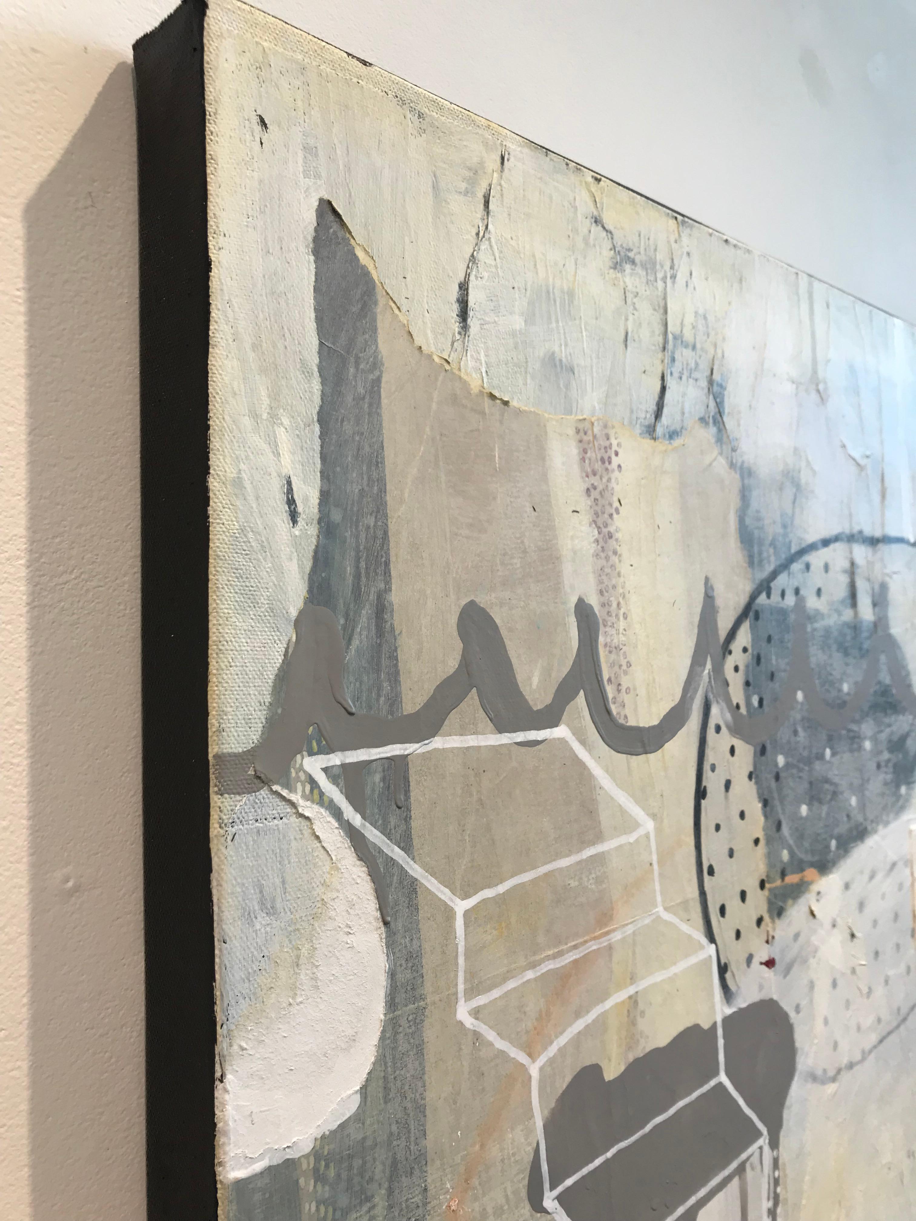 Never By Chance is a contemporary mixed media piece by artist Maria Najera. In this piece, Najera combines recognizable elements, such as a staircase and text that reads “poplat,” with more abstract elements. The colors are mostly muted greys, white