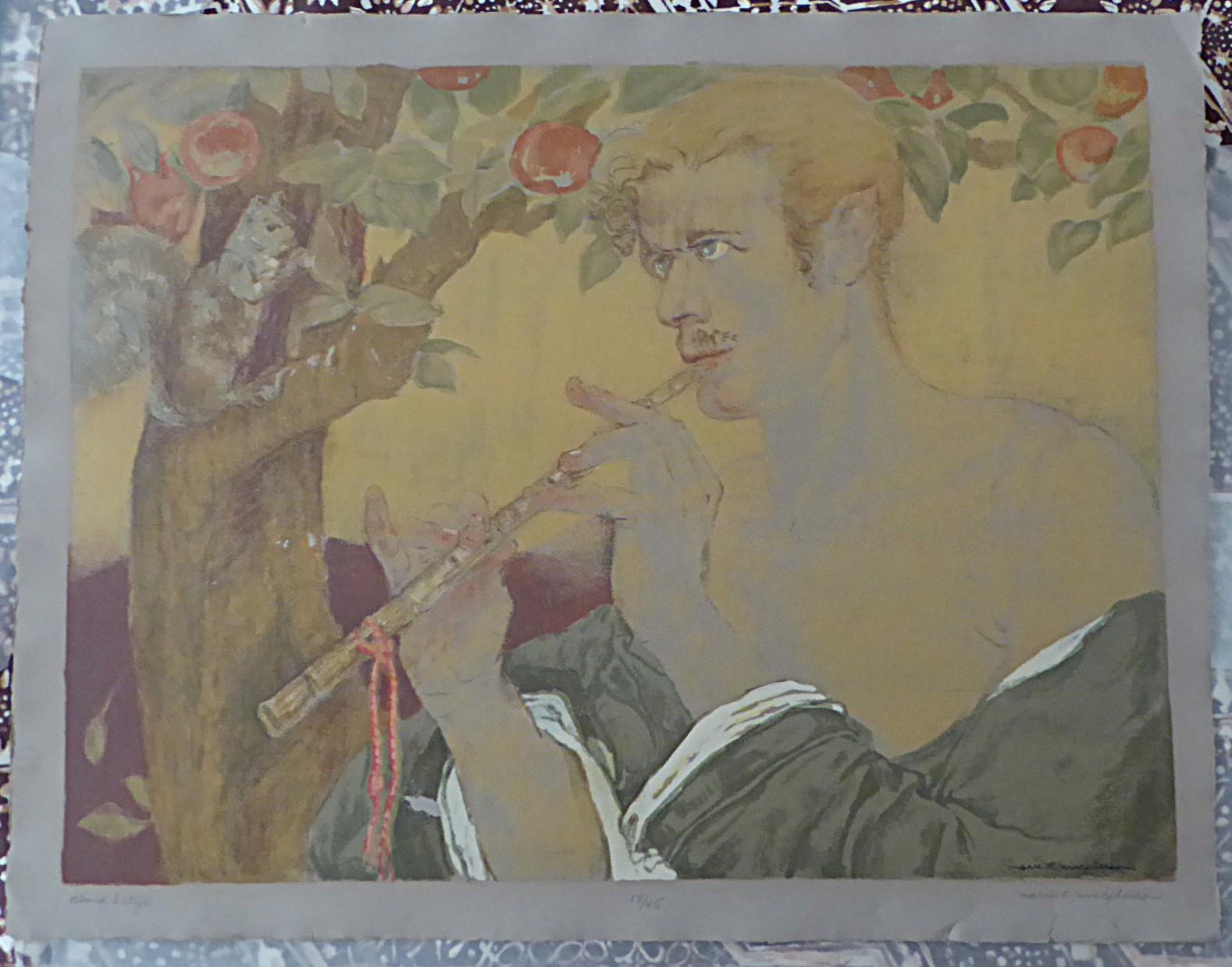  Allegorischer Art-Déco-Siebdruck von Marie Macpherson, der einen teilweise bekleideten blonden Satyr zeigt, der einem auf einem Apfelbaum sitzenden Eichhörnchen seine Flöte vorspielt. Die Satyrn, die für ihre Liebe zur Musik, zum Tanz und zum Wein
