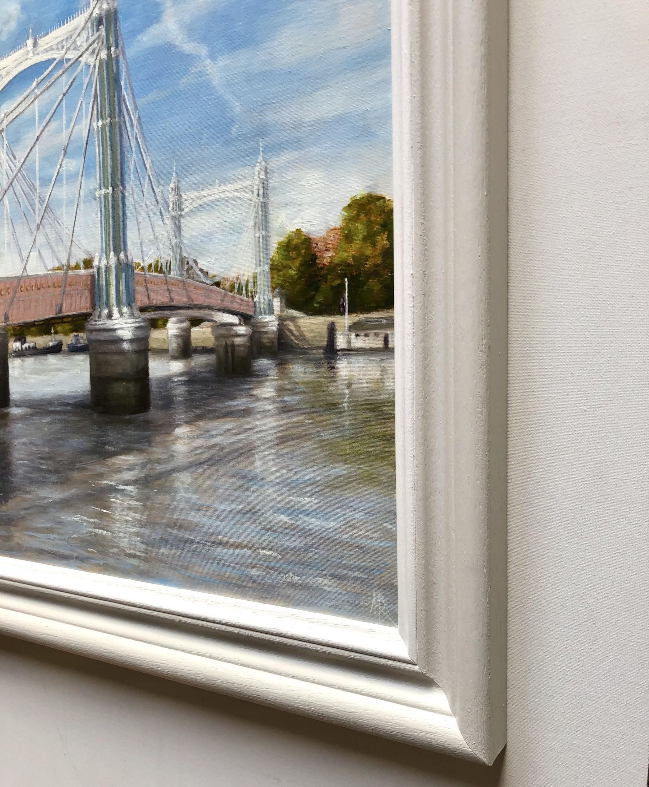 Albert Bridge, Incoming Tide by Marie Robinson [2022]

Marie Robinson’s Albert Bridge, Incoming Tide is an original urban landscape painting of the iconic Albert Bridge spanning the river Thames in London on a warm, sunny September afternoon. Marie