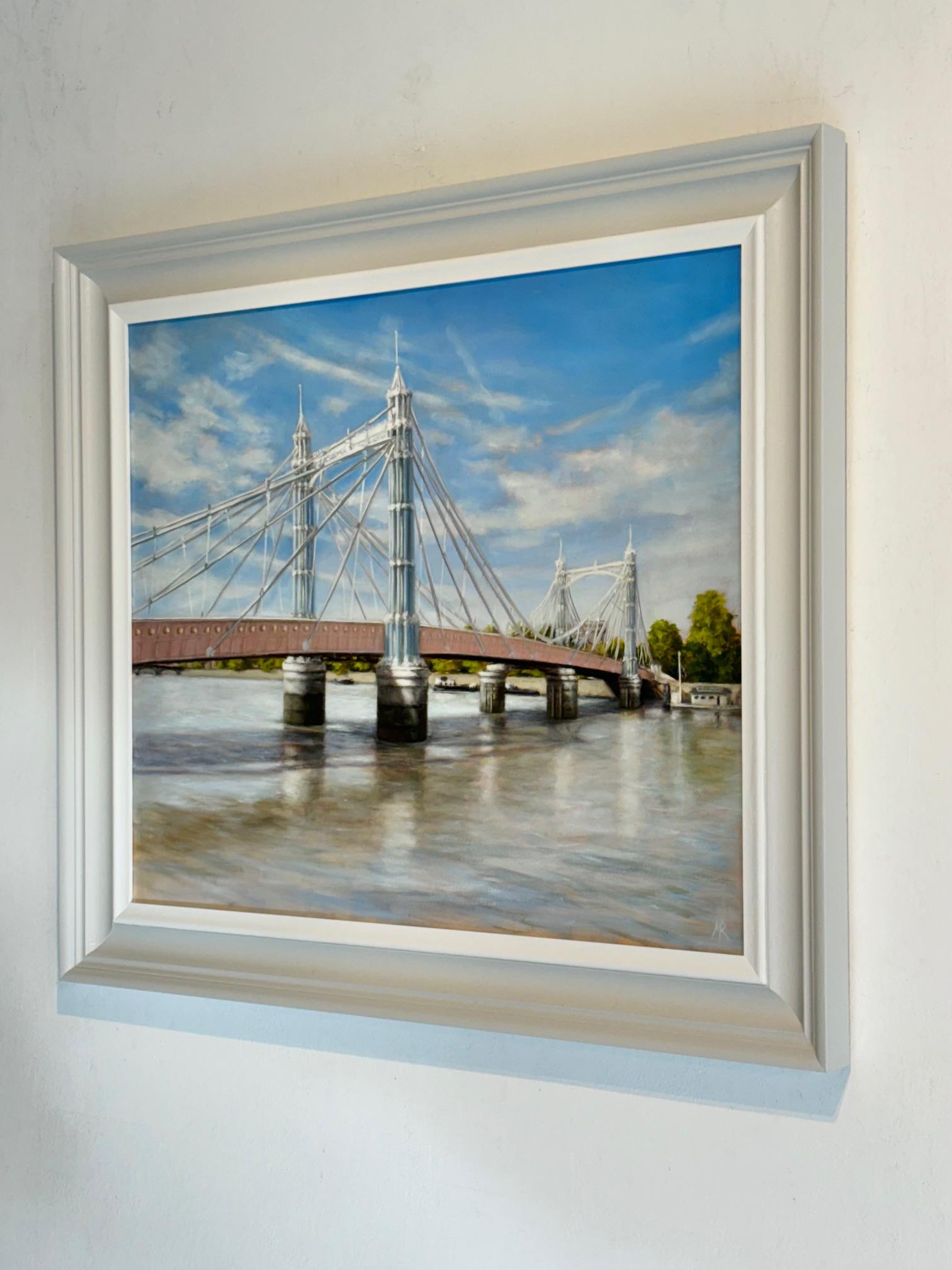 Puente Albert, Marea entrante- pintura al óleo realismo original- arte contemporáneo - Landscape Painting Gris de Marie Robinson