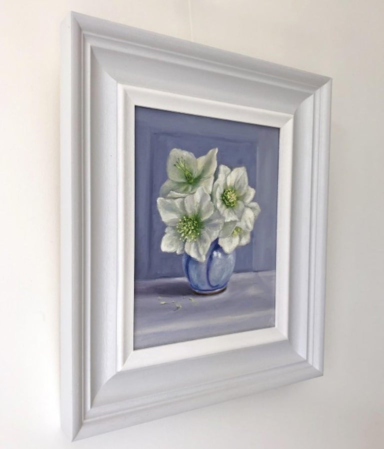 Marie Robinson, White Hellebores on Blue, Original Still Life Floral Painting For Sale 2