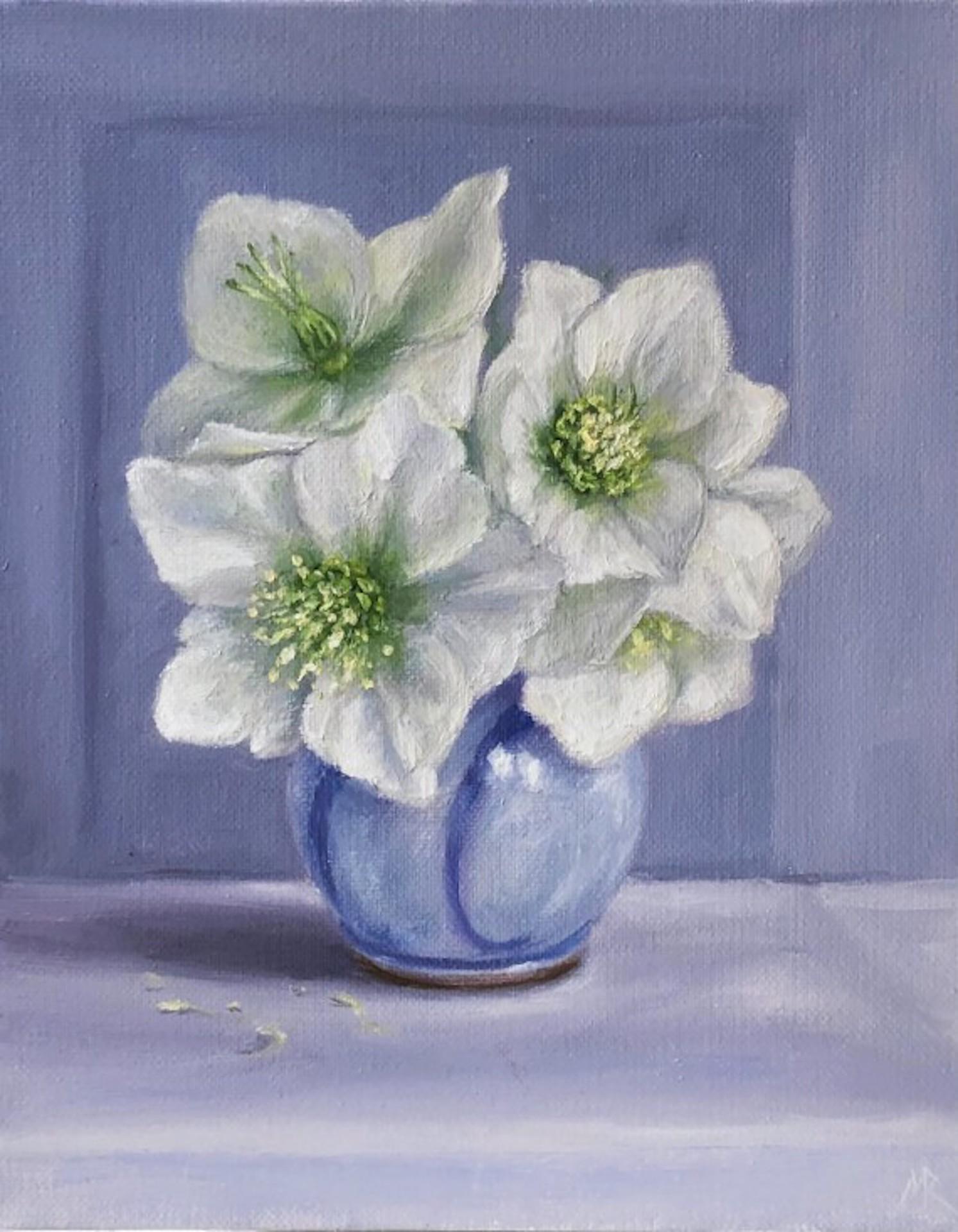 Marie Robinson, White Hellebores on Blue, Original Still Life Floral Painting
