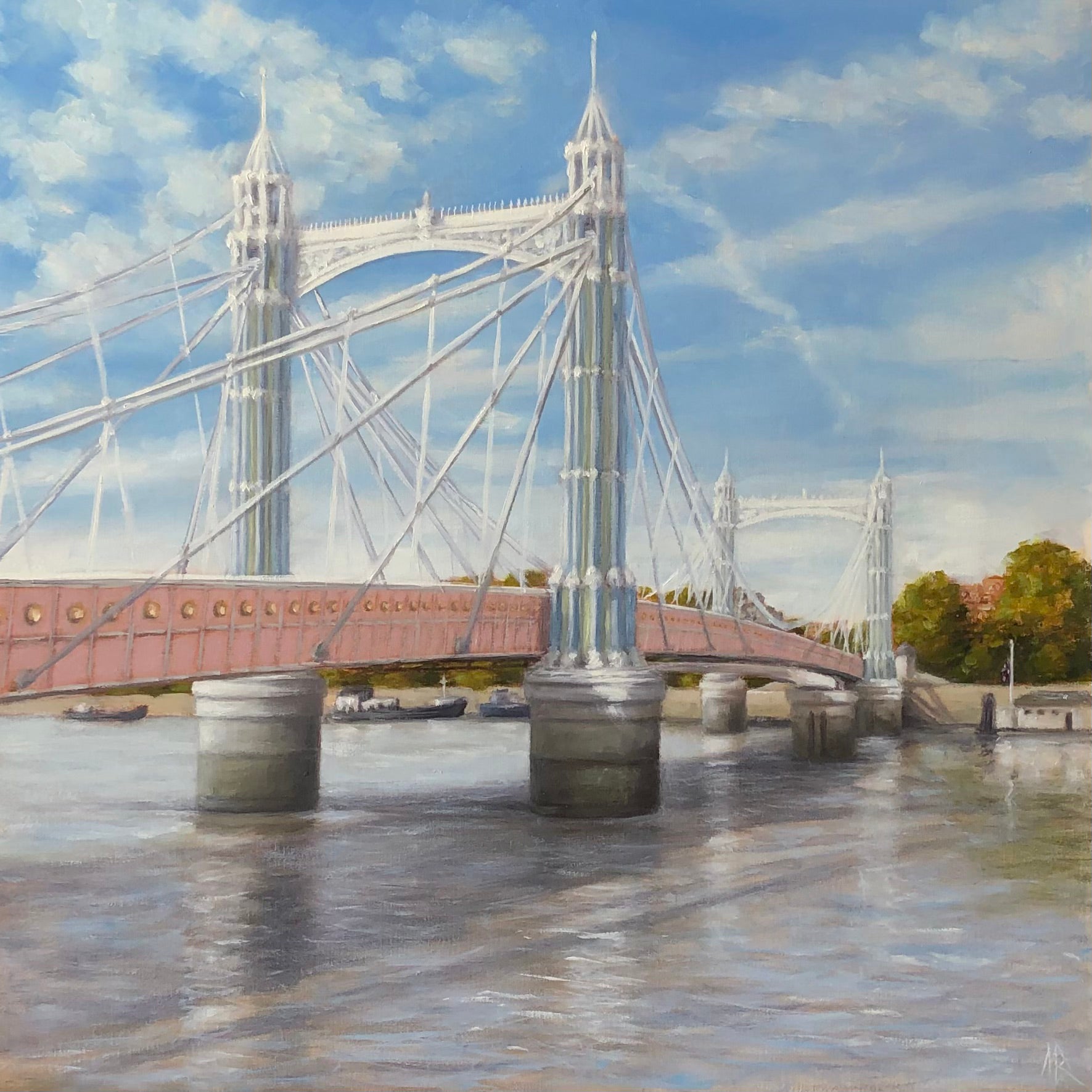 September Light, Albert Bridge by Marie Robinson [2022]

Marie Robinson’s September Light, Albert Bridge is an original urban landscape painting of the iconic Albert Bridge spanning the river Thames in London on a warm, sunny September afternoon.