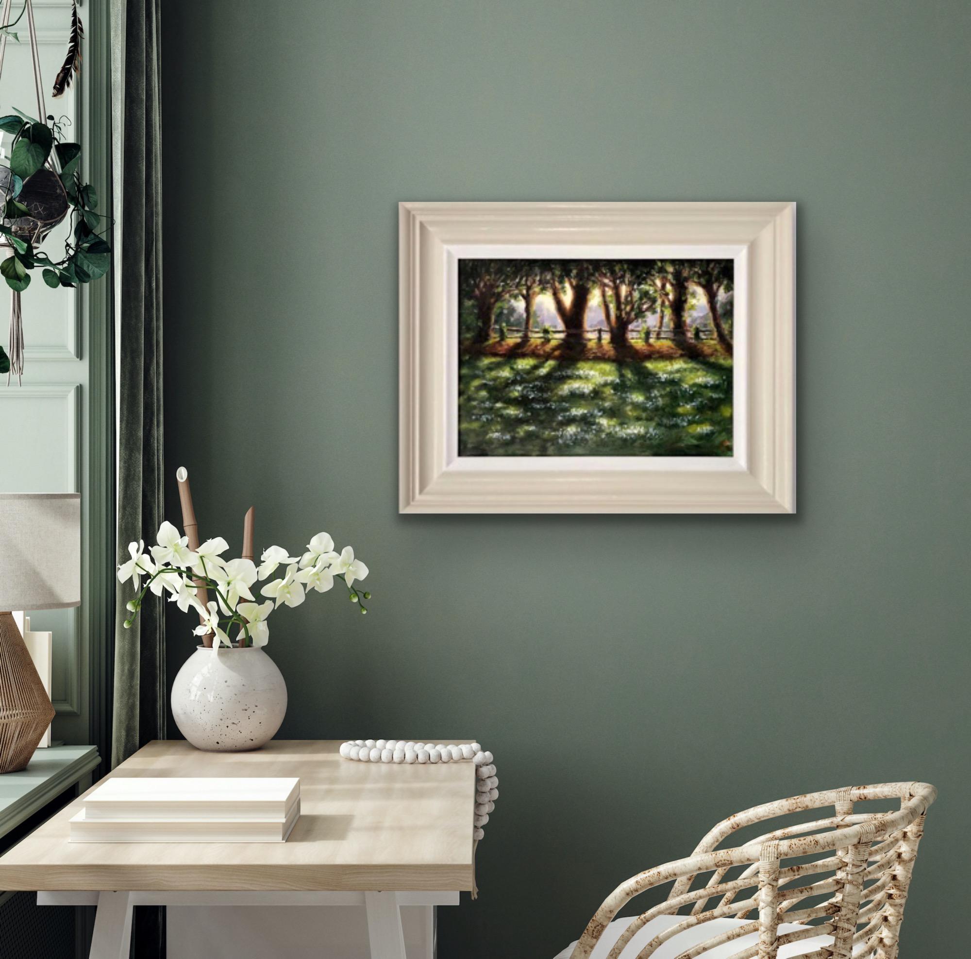 Sunlit Snowdrops, Swyncombe, Original Landscape Painting, Traditional Artwork - Black Interior Painting by Marie Robinson
