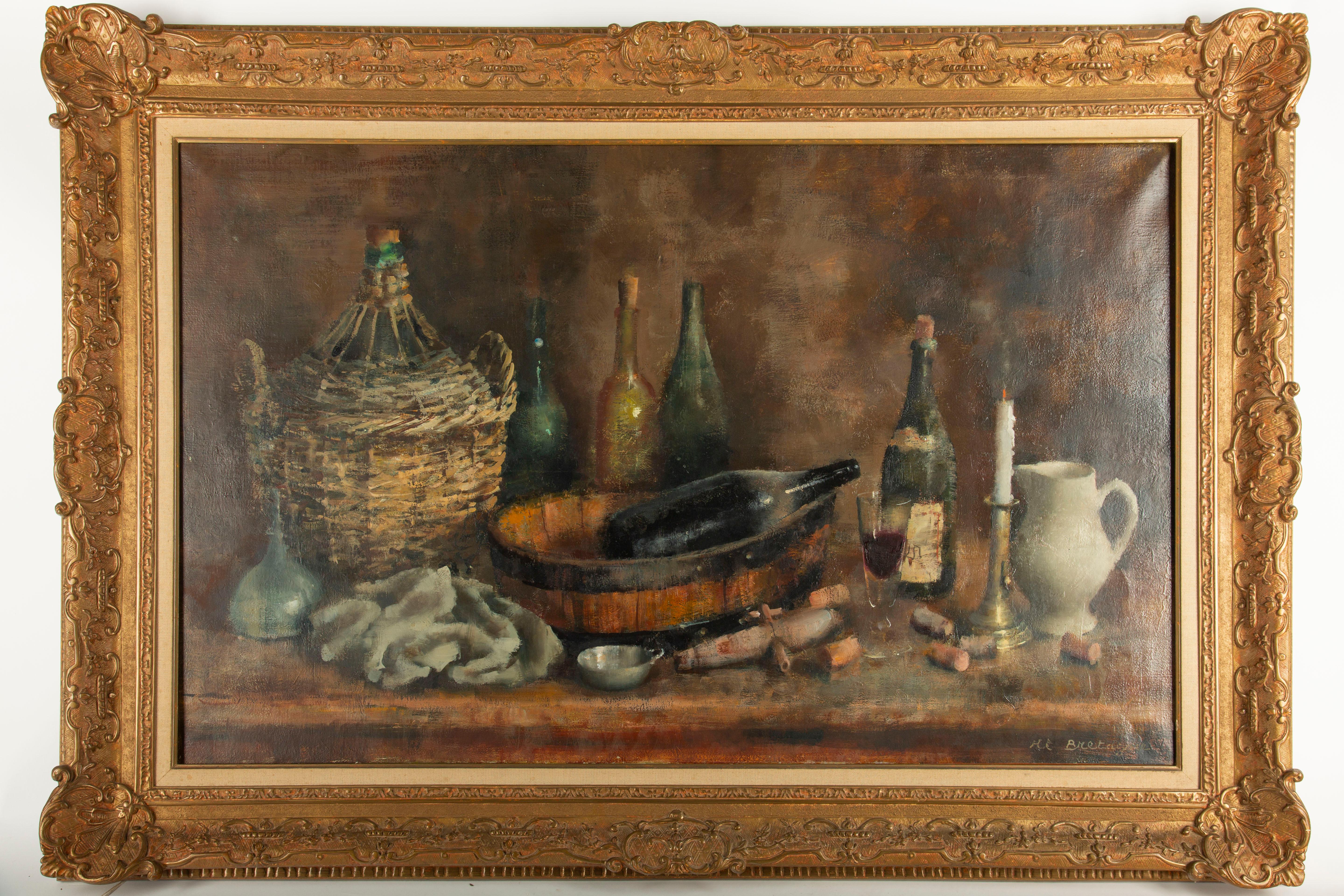 Marie-Thérèse Bretagne - Stillleben mit Wein und Gefäßen, Öl auf Leinwand
Französisches Stillleben aus dem späten 19. bis frühen 20. Jahrhundert, signiert M.T. Bretagne, präsentiert in einem verzierten Rahmen aus Goldholz. Die Komposition zeigt ein