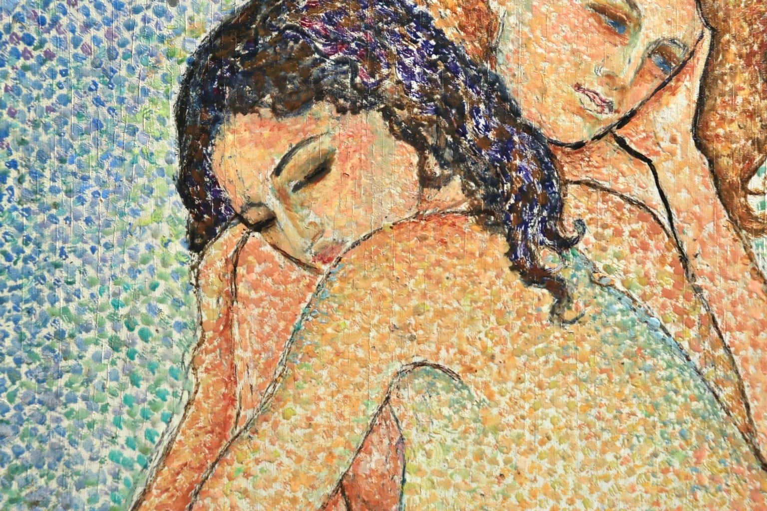 A beautiful pointillist oil on panel by Russian painter Marie Vorobieff Marevna depicting two nude young women - one redhead with a blue blanket wrapped round her waist and one brunette with a red blanket wrapped round her waist. The women are