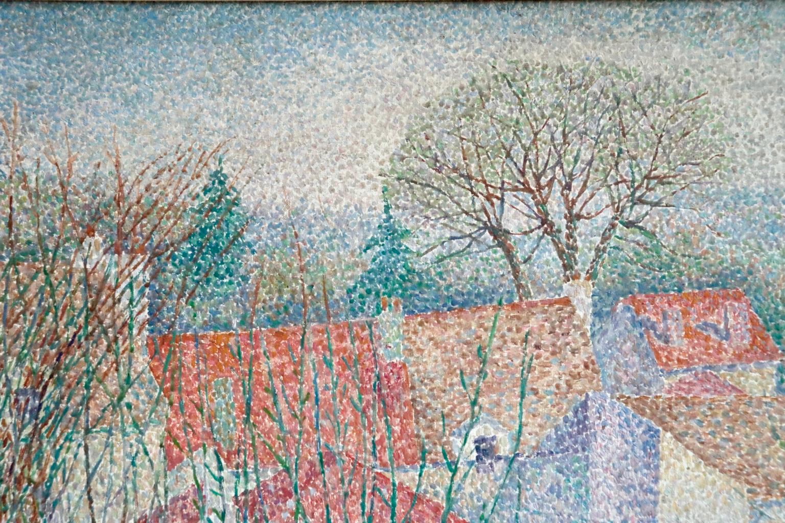A wonderful pointillist oil on canvas by Russian painter Marie Vorobieff Marevna depicting a view of houses through trees. The artist lived at Athelhampton House from 1949 until 1957. Her work has been on public display there until the house's sale