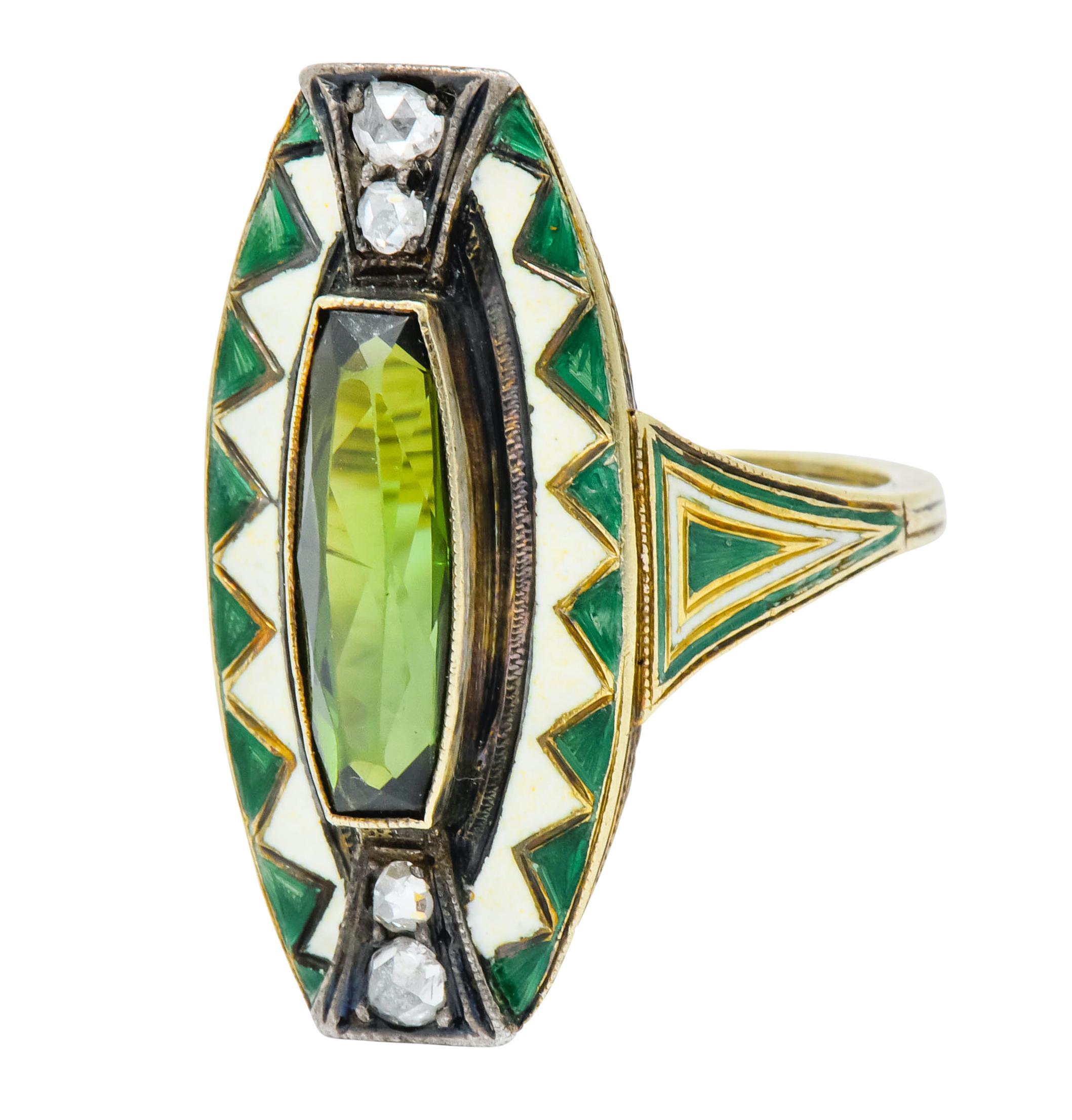 Arts and Crafts Marie Zimmerman Arts & Crafts Tourmaline Diamond Enamel 14 Karat Green Gold Ring