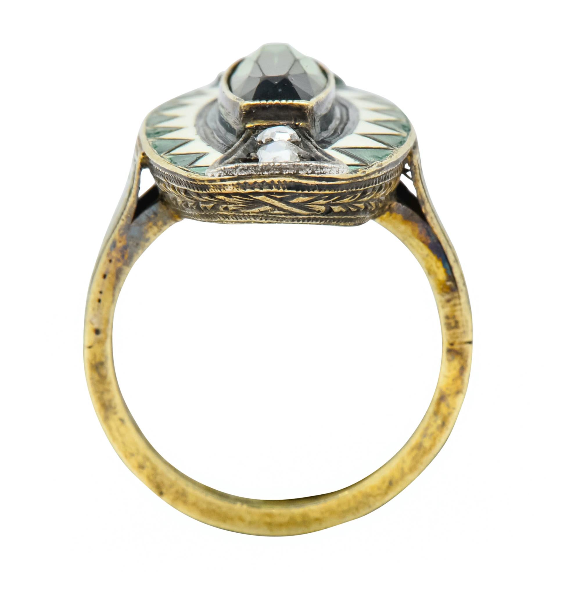 Rose Cut Marie Zimmerman Arts & Crafts Tourmaline Diamond Enamel 14 Karat Green Gold Ring