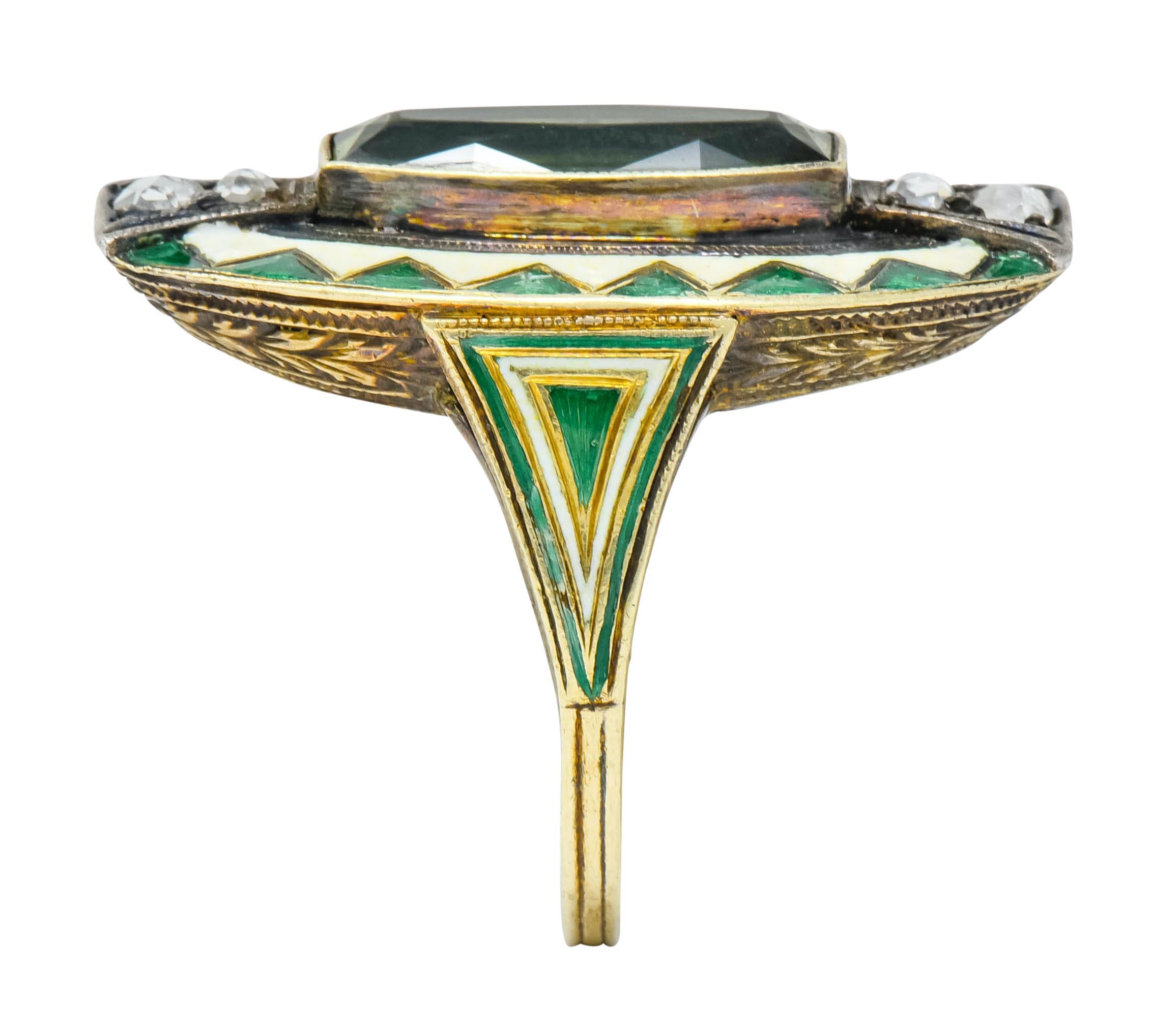 Marie Zimmerman Arts & Crafts Tourmaline Diamond Enamel 14 Karat Green Gold Ring In Good Condition In Philadelphia, PA