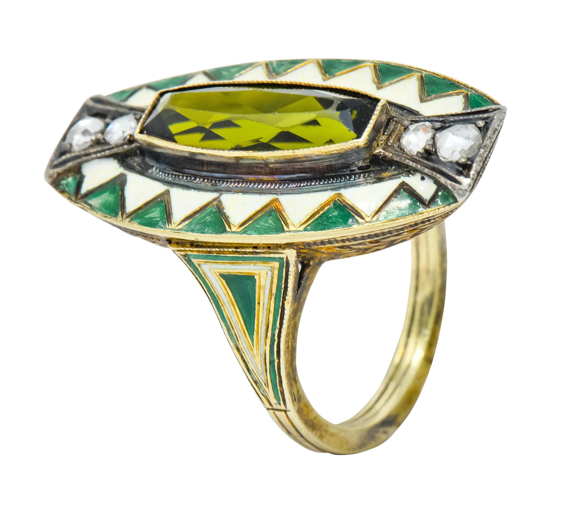 Women's or Men's Marie Zimmerman Arts & Crafts Tourmaline Diamond Enamel 14 Karat Green Gold Ring