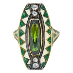 Marie Zimmerman Arts & Crafts Tourmaline Diamond Enamel 14 Karat Green Gold Ring