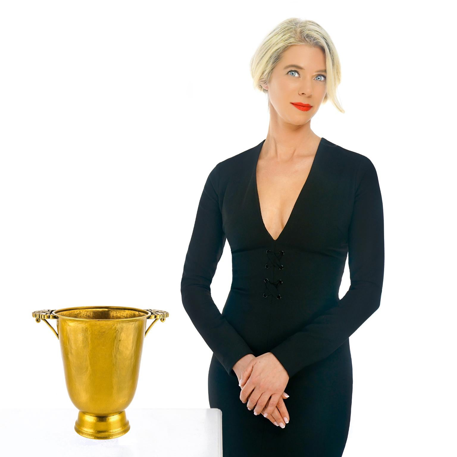 Circa 1920s, Gilded Copper and Bronze, by Marie Zimmerman, American.  This champagne cooler, or possibly vase, is an exceptional example of Marie Zimmerman's early work. Gilded in high karat deeply colored gold, the body is fabricated from hammered