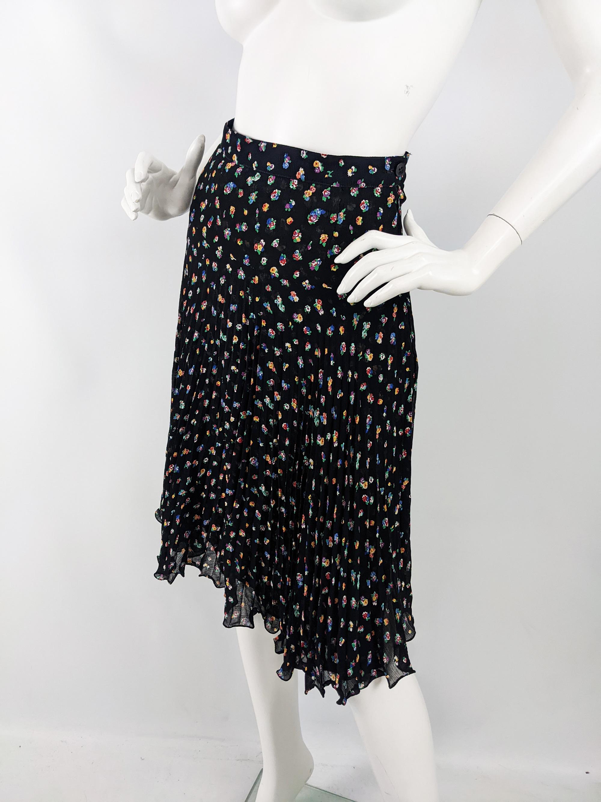 Mariella Burani Vintage Floral Print Pleated Black Chiffon Skirt, 1990s In Excellent Condition For Sale In Doncaster, South Yorkshire
