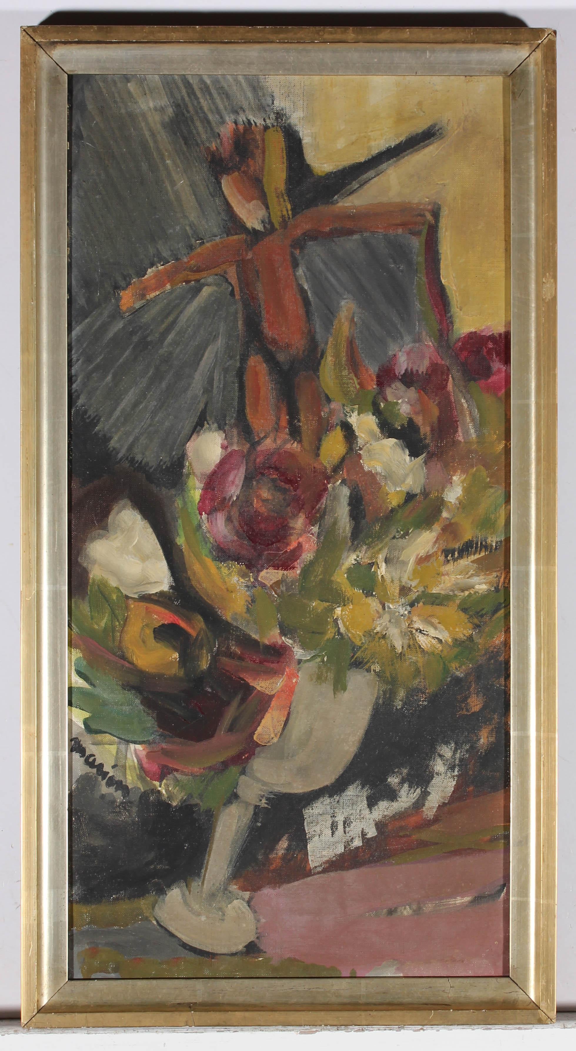 Marien - Mid 20th Century Oil, Winged Figure With Flowers For Sale 2