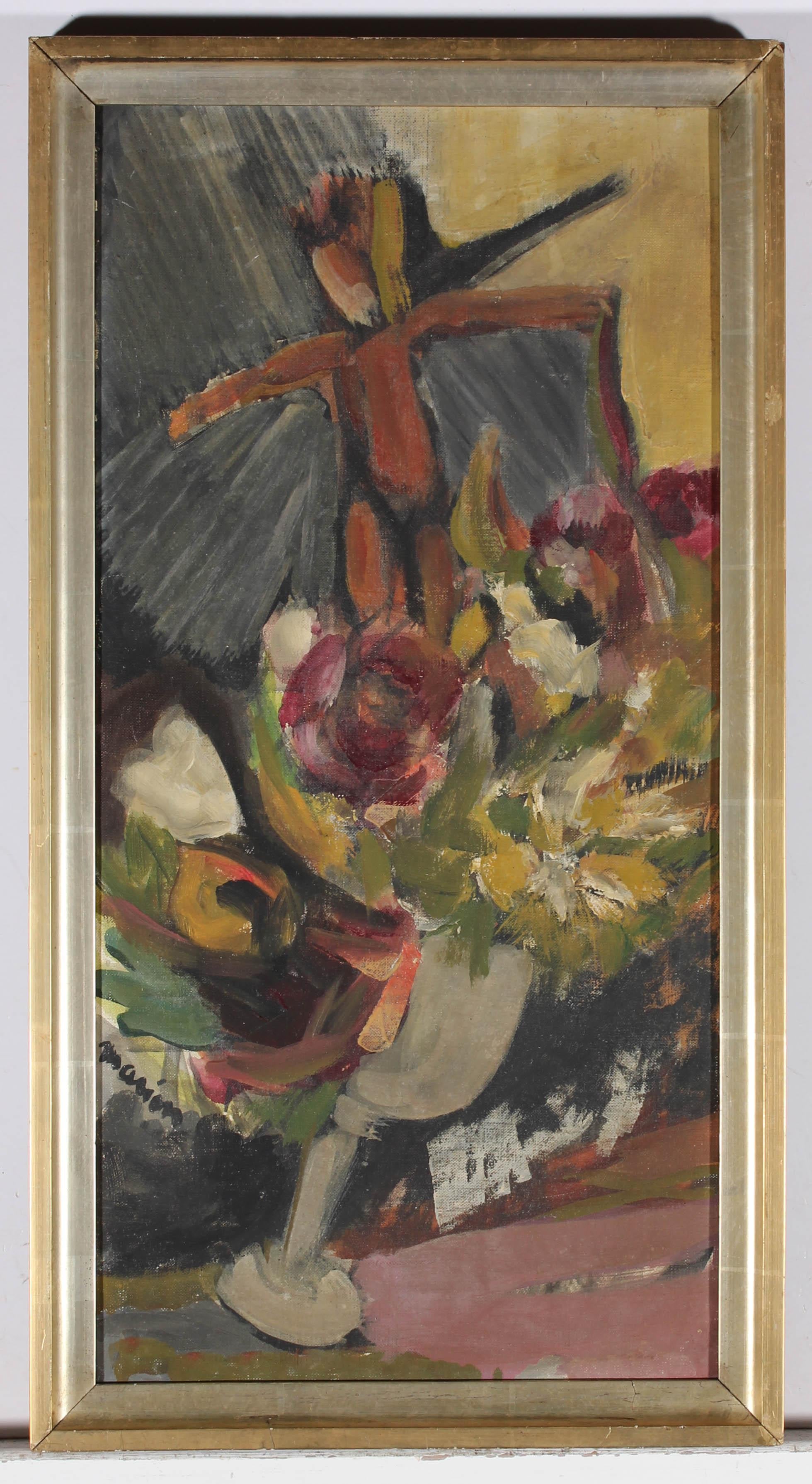 Marien - Óleo de mediados del siglo XX, Figura alada con flores en venta 2