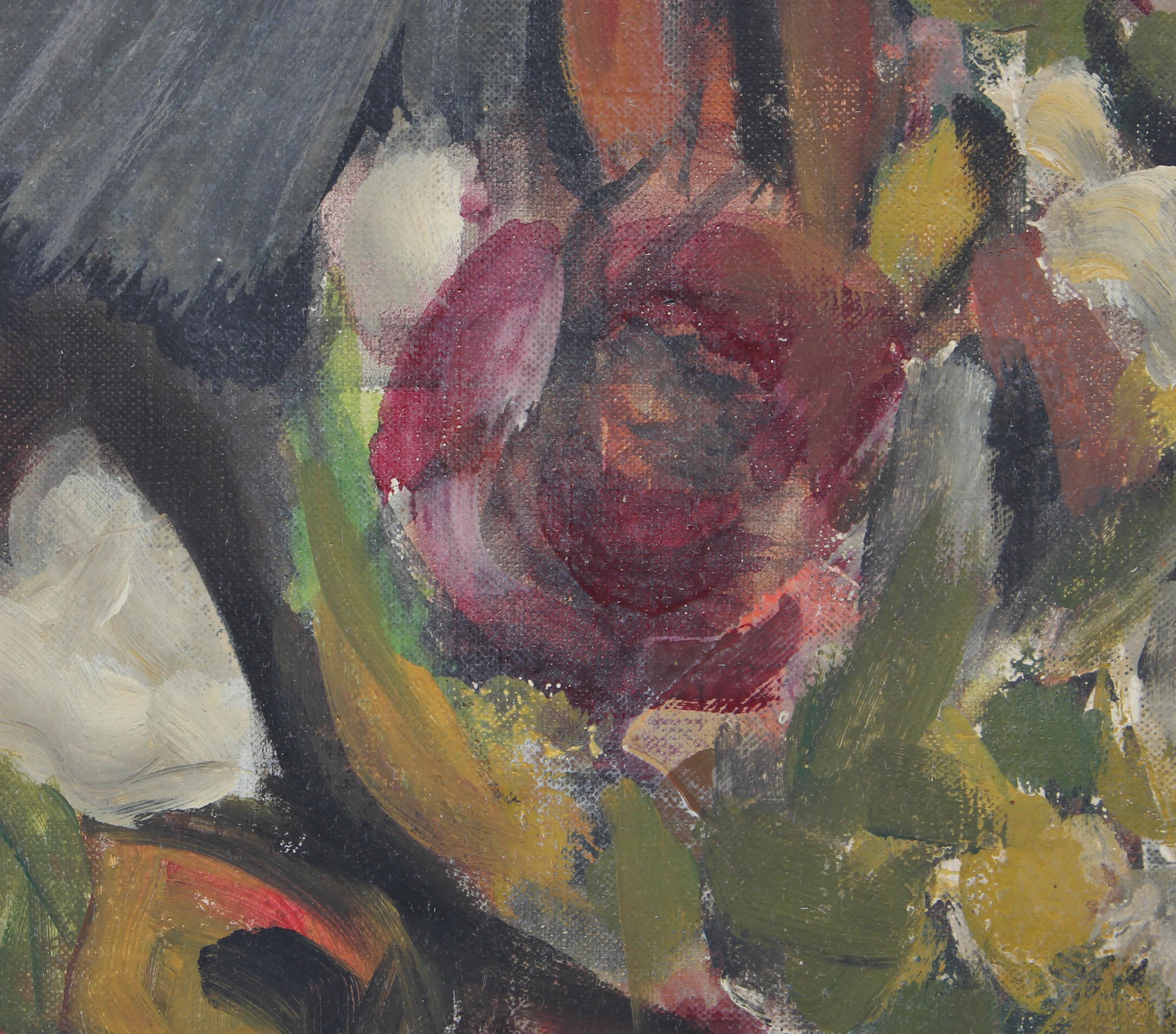 Marien - Óleo de mediados del siglo XX, Figura alada con flores en venta 4