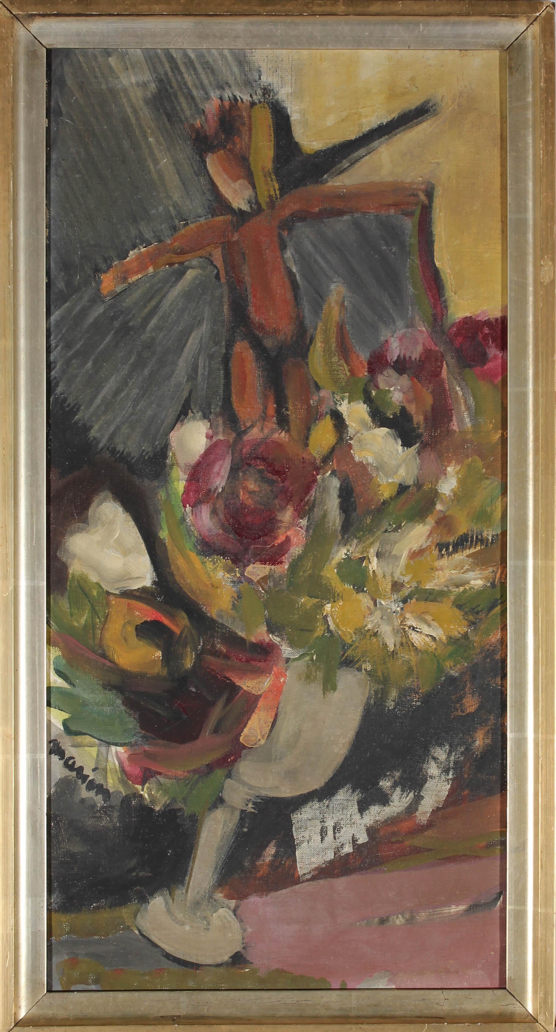 An unusual and mysterious still life from the mid 20th Century, showing a vase of flowers appearing to be tipped over by a miniature, faceless winged figure. The artist has signed to the lower left edge and the painting has been presented in a mid