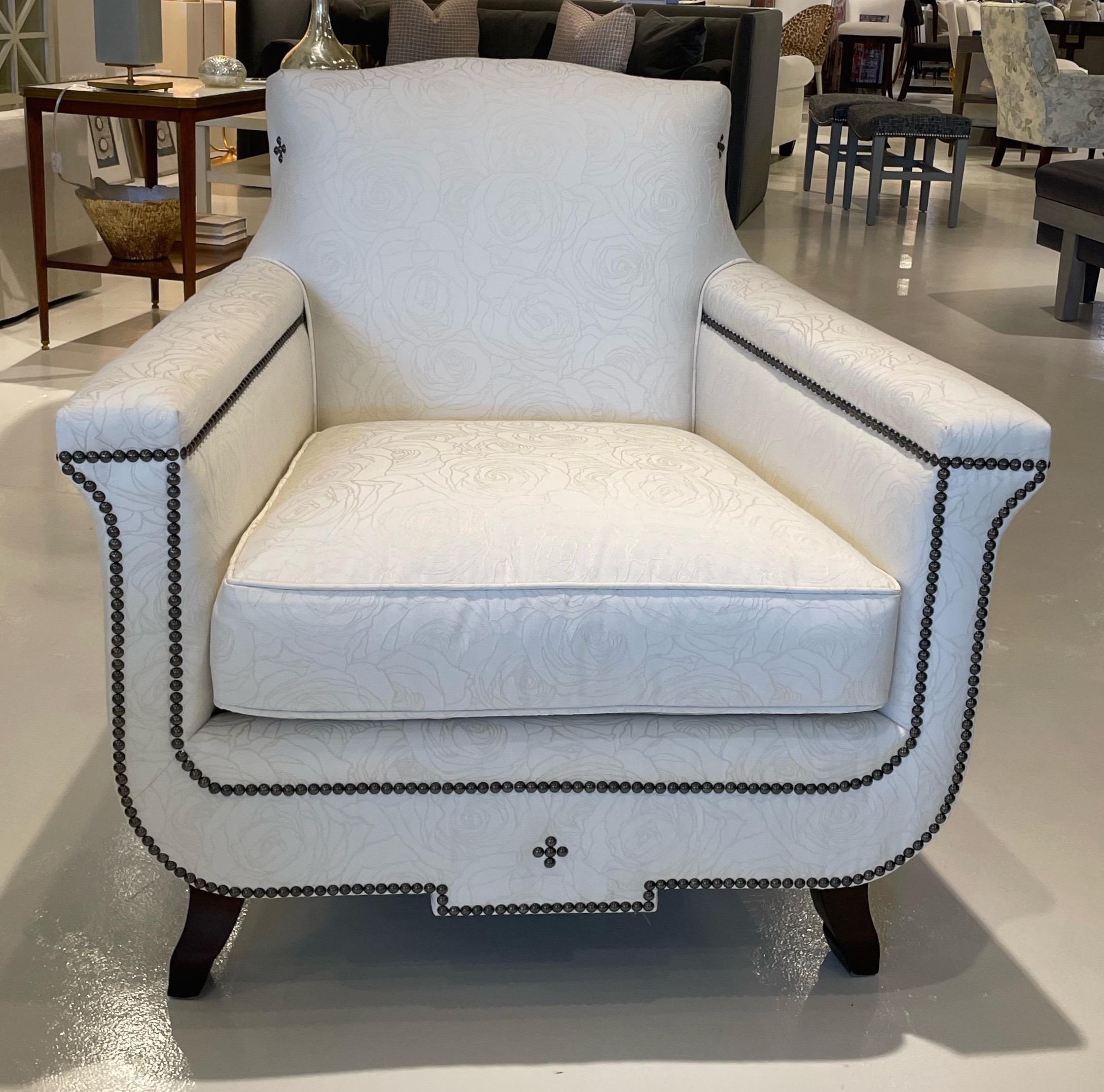 Showroom New - Bolero Chair designed by Mariette Himes Gomez who has been ranked in the top 100 interior designers in the world. Antique inspired generously scaled chair with a distinctive lyre shape detailed with decorative nails. Spring down seat